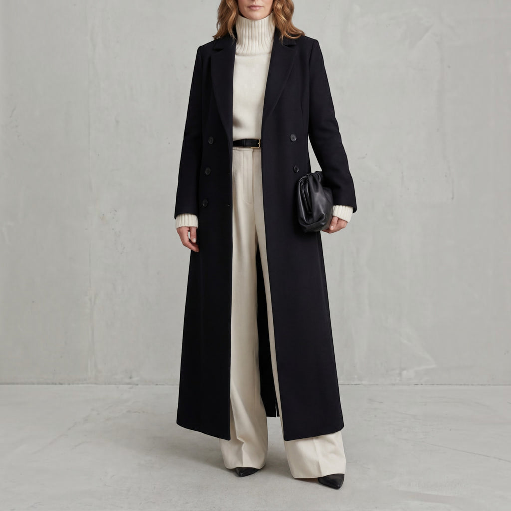 Wendy | Women's Wool Trench Coat – Navy Maxi Double-Breasted Winter Coat