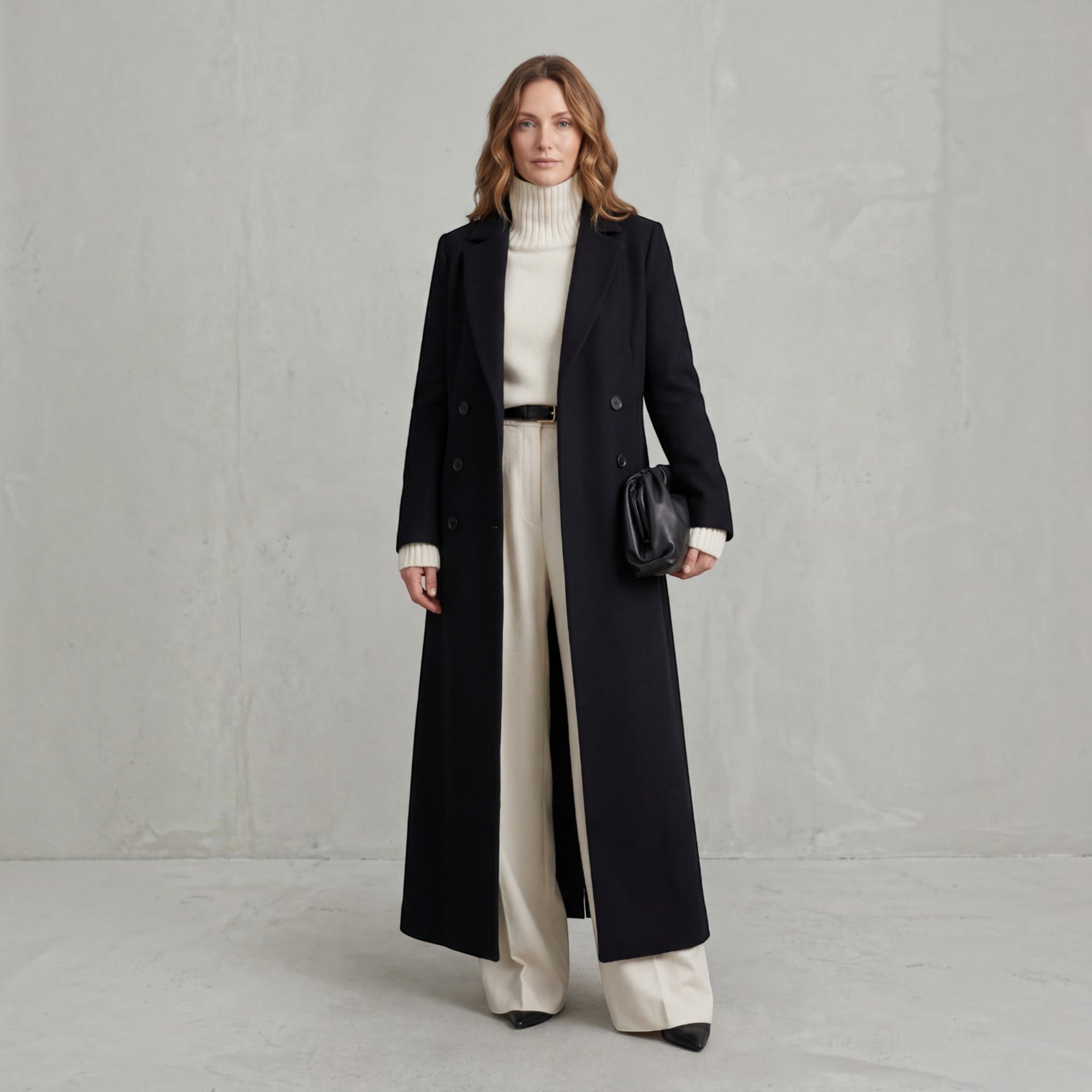 Wendy | Women's Wool Trench Coat – Navy Maxi Double-Breasted Winter Coat