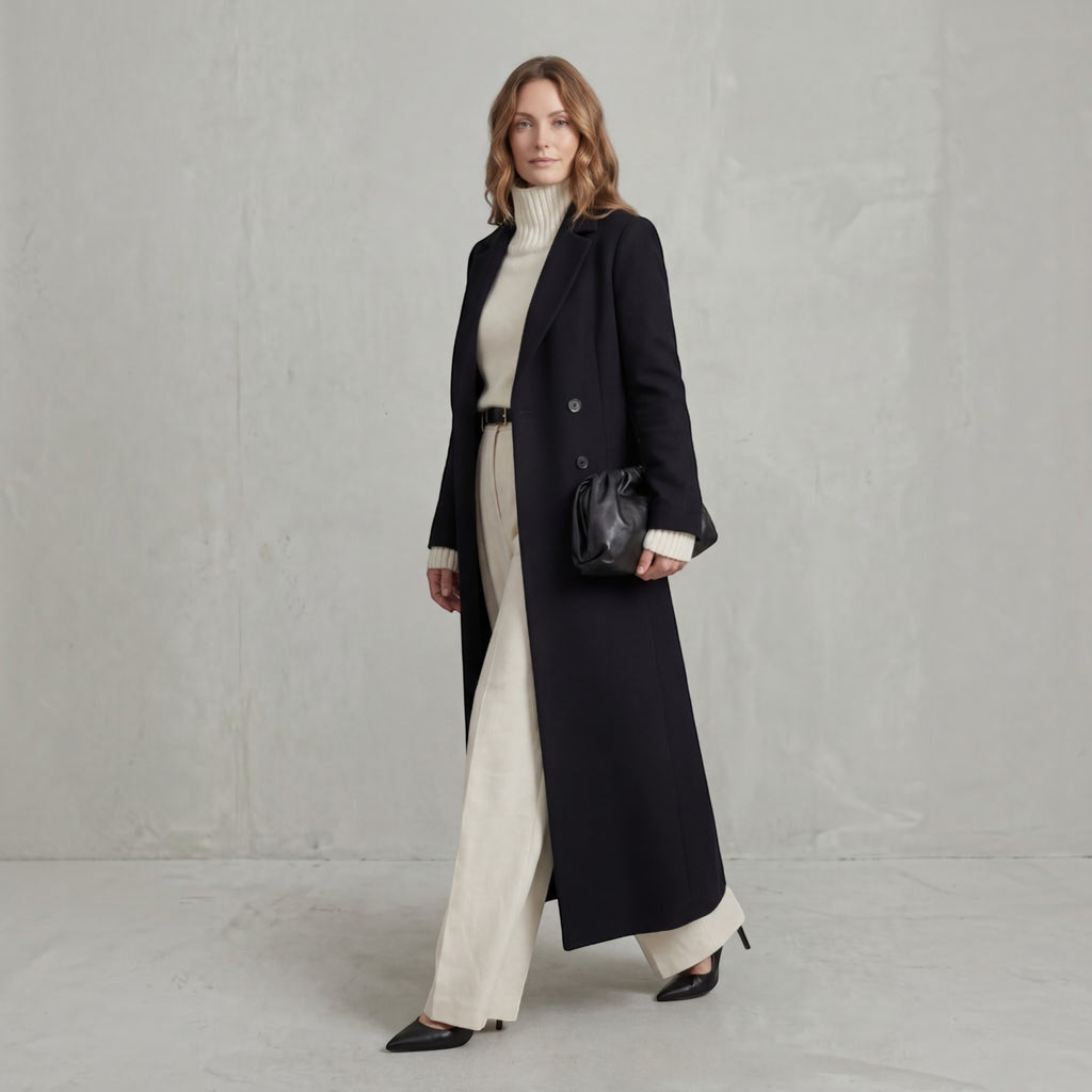 Wendy | Women's Wool Trench Coat – Navy Maxi Double-Breasted Winter Coat