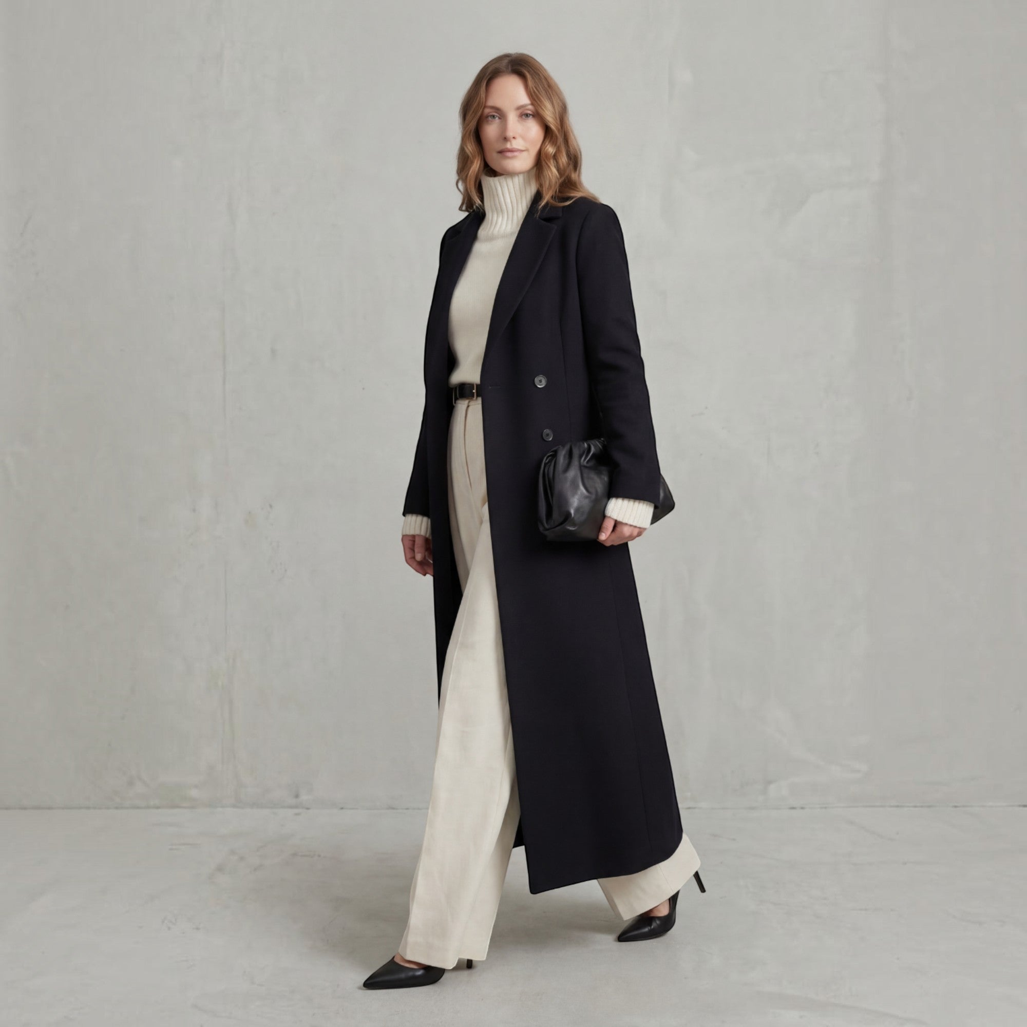 Wendy | Women's Wool Trench Coat – Navy Maxi Double-Breasted Winter Coat