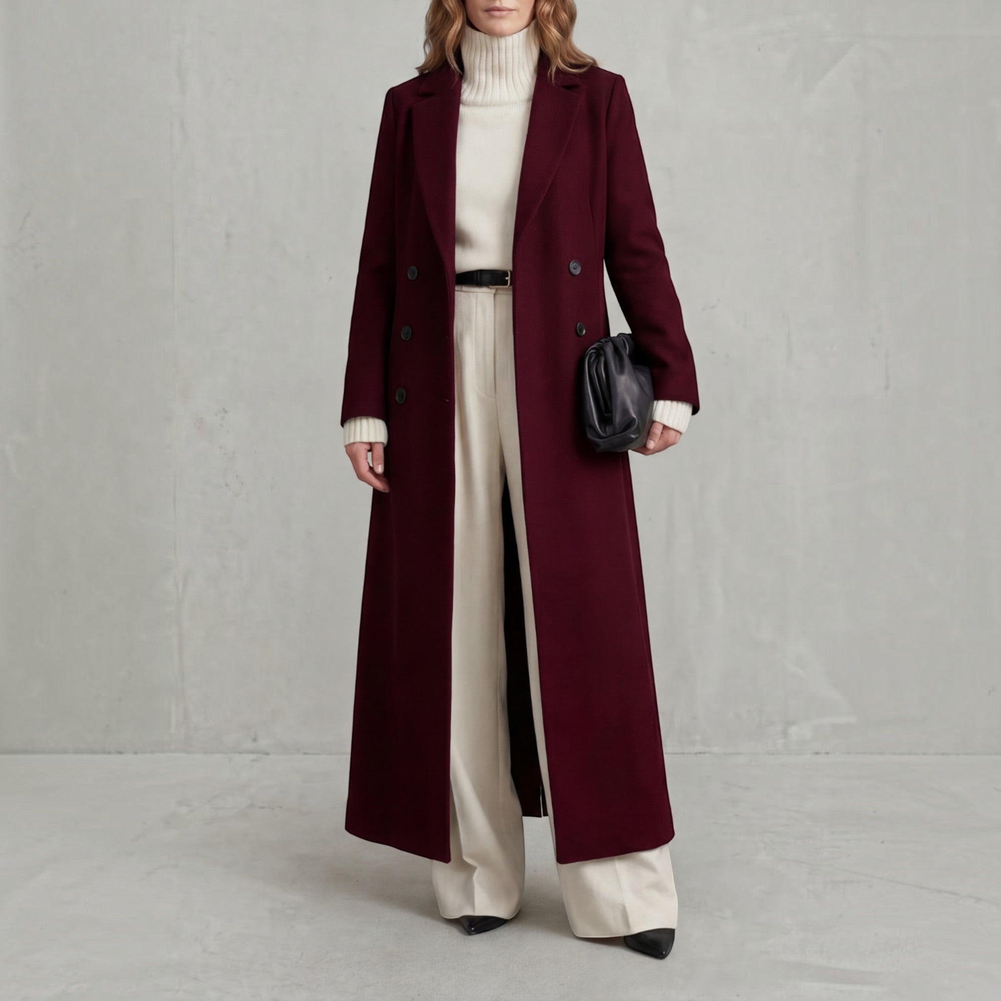 Wendy | Women's Wool Trench Coat – Navy Maxi Double-Breasted Winter Coat