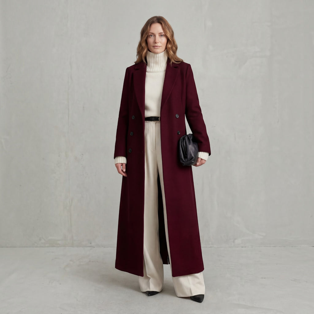 Wendy | Women's Wool Trench Coat – Navy Maxi Double-Breasted Winter Coat