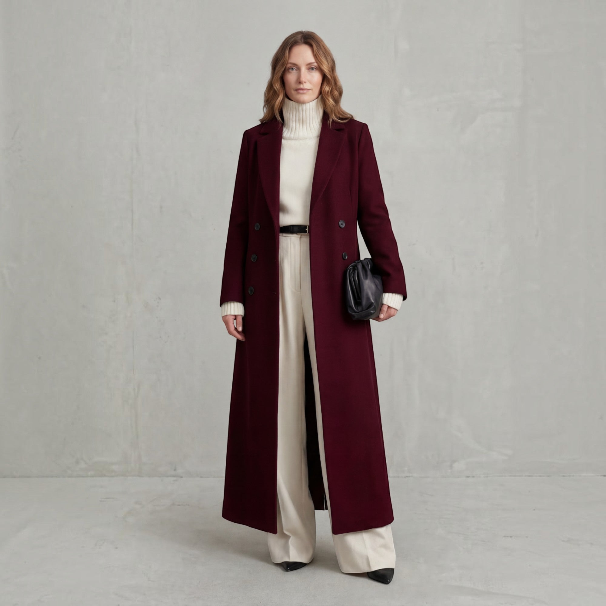 Wendy | Women's Wool Trench Coat – Navy Maxi Double-Breasted Winter Coat