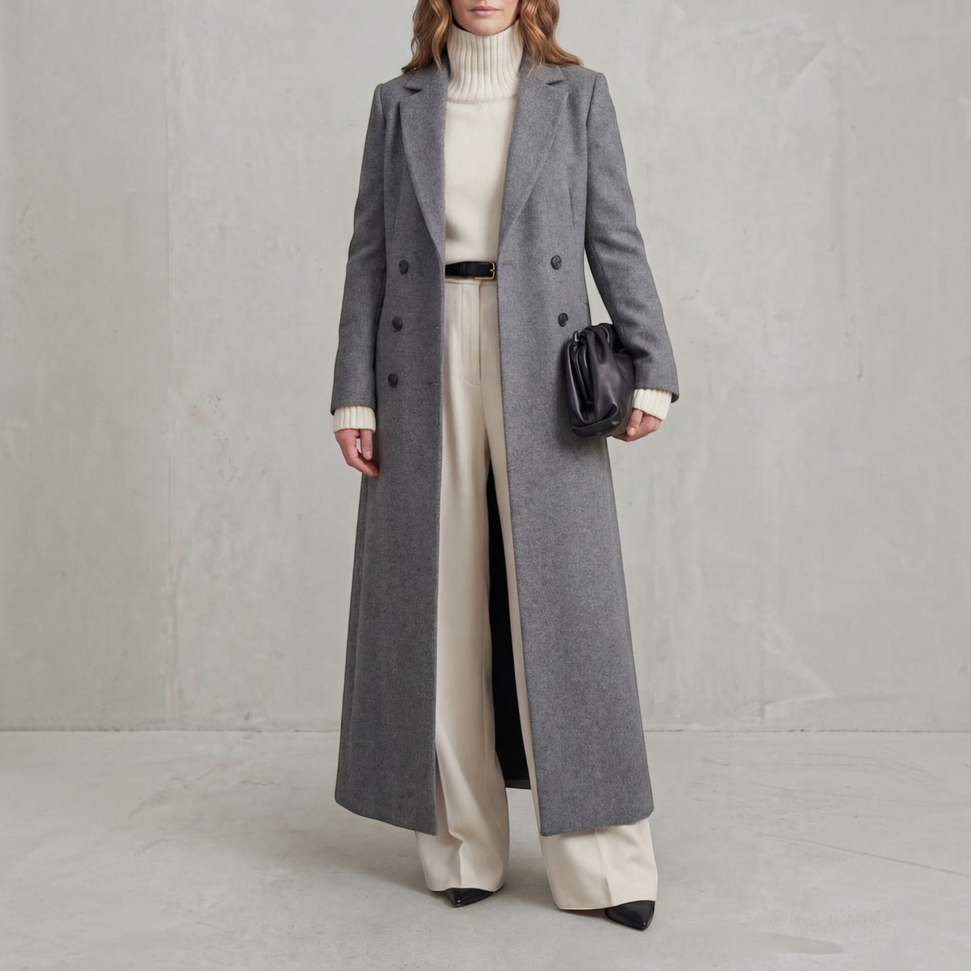 Wendy | Women's Wool Trench Coat – Navy Maxi Double-Breasted Winter Coat