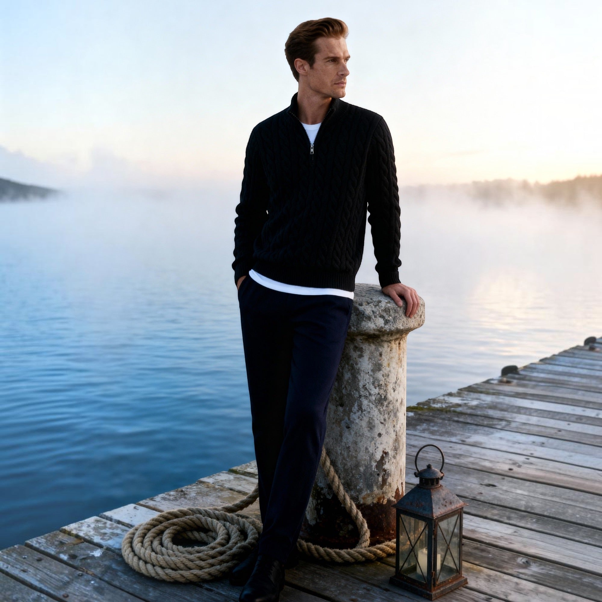 Ellmont London | Men's Cotton Cable Knit Sweater Half Zip Classic Fit