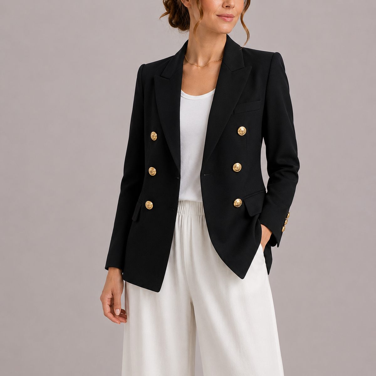 Freya | Women's Elegant Double-Breasted Blazer with Gold Buttons – Timeless Tailored Jacket