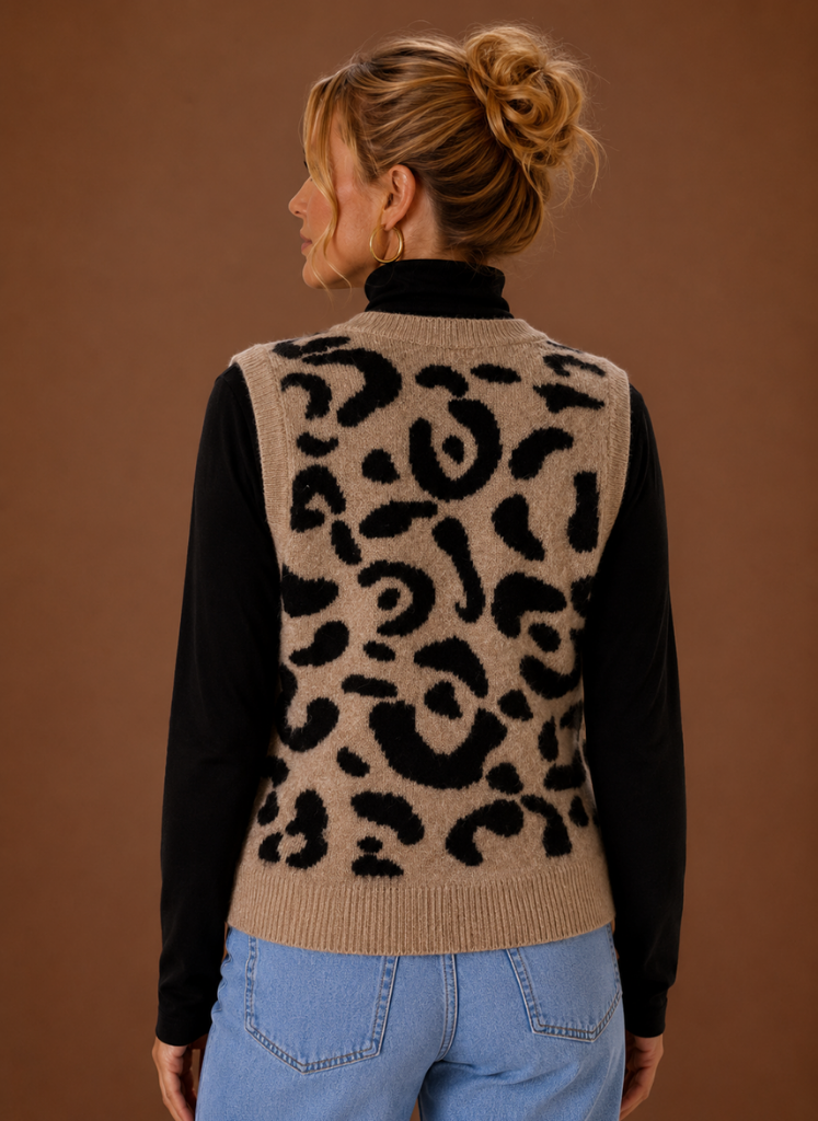 Adele | Leopard Print Sweater Vest for Women - Button Front