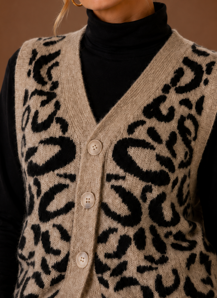 Adele | Leopard Print Sweater Vest for Women - Button Front