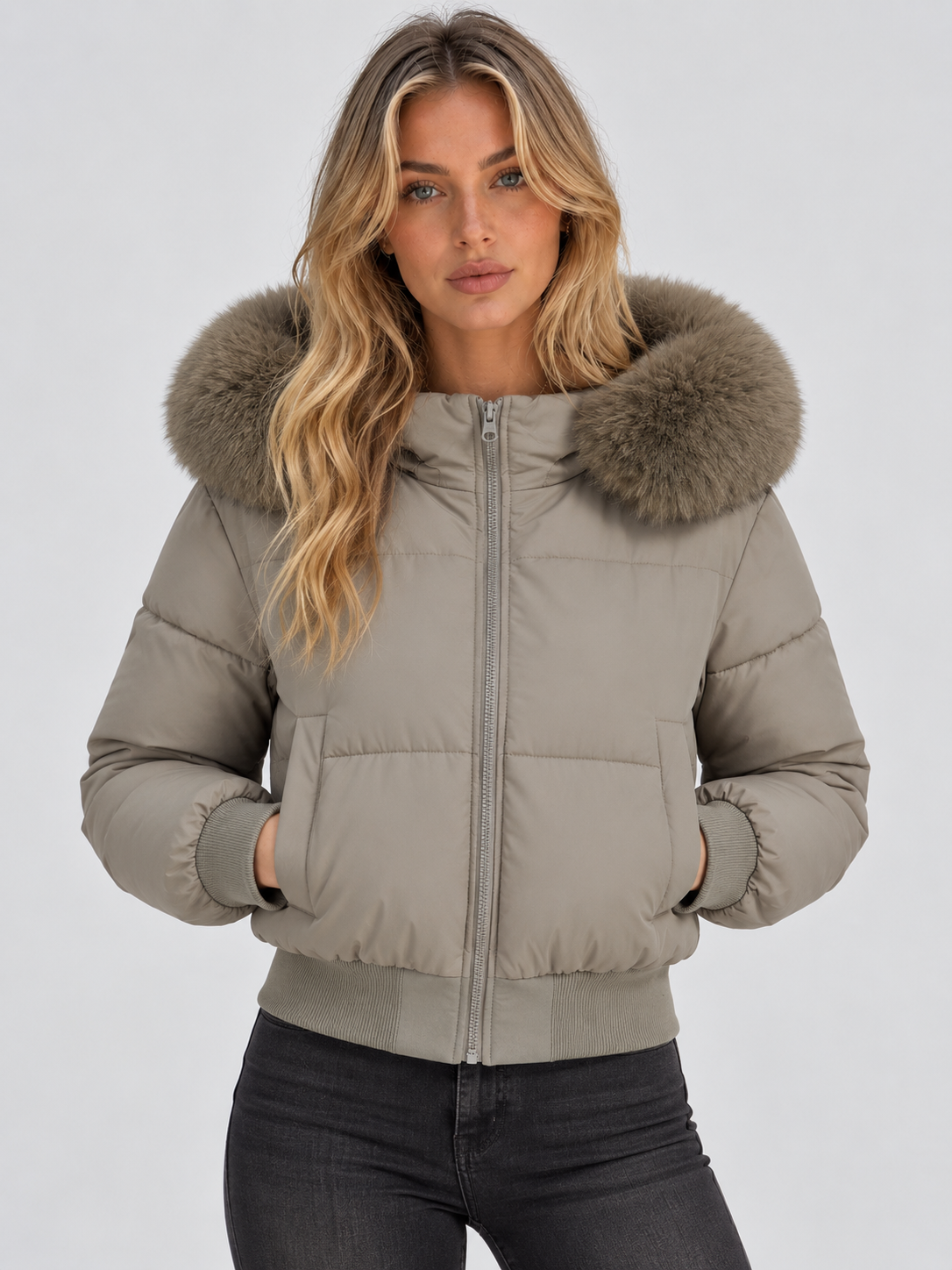 Women's Faux Fur Collar Puffer Jacket – Full-Zip Padded Winter Coat