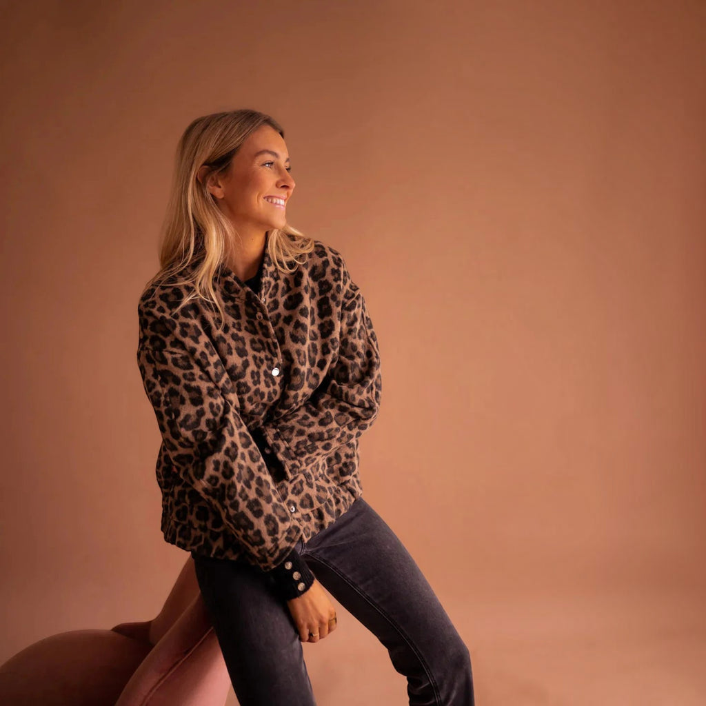 Ellmont London | Women's Casual Leopard Print Bomber Jacket with Front Pockets
