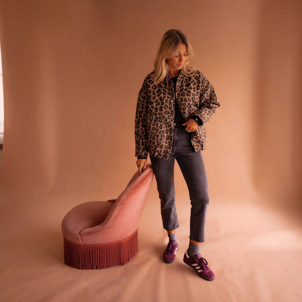 Ellmont London | Women's Casual Leopard Print Bomber Jacket with Front Pockets