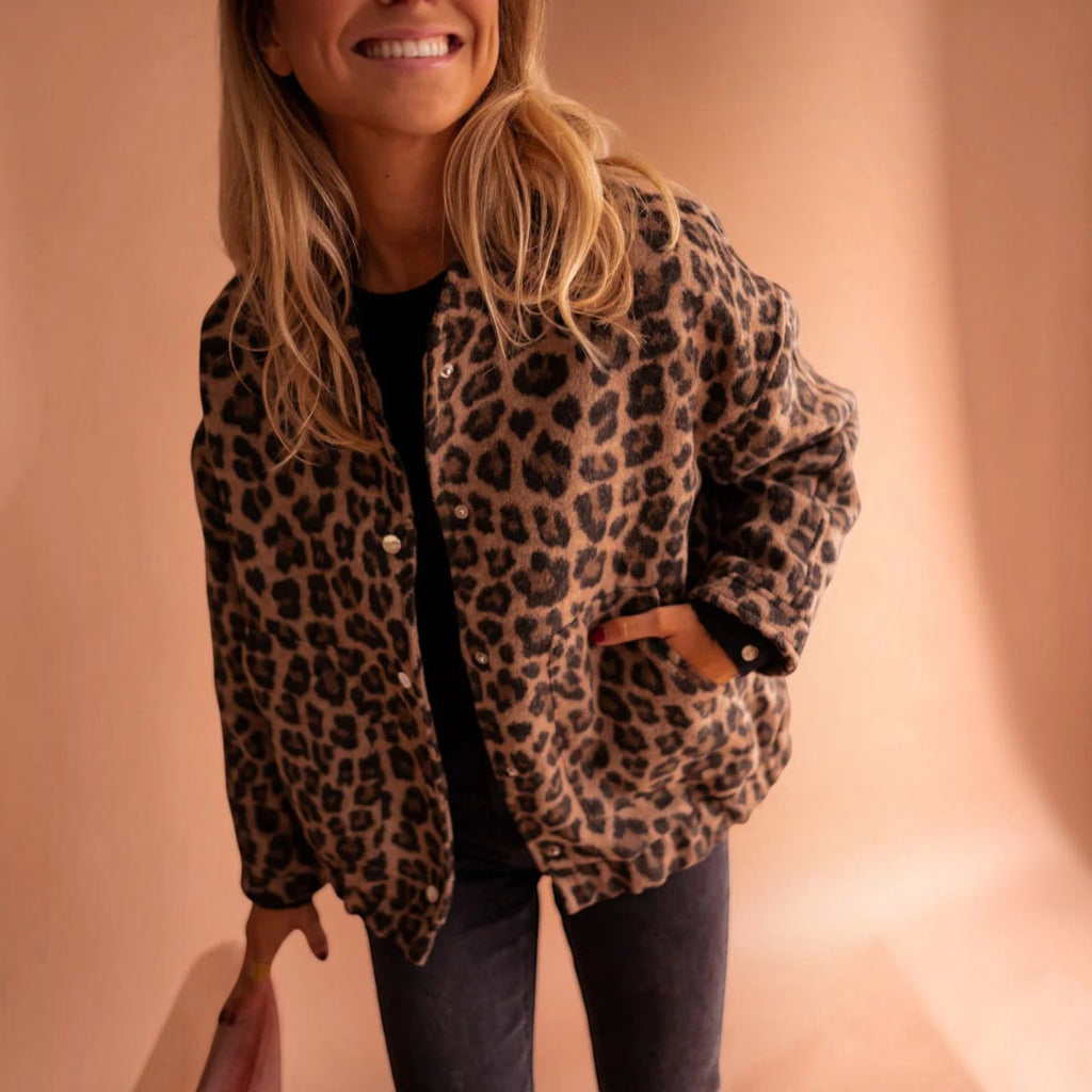 Ellmont London | Women's Casual Leopard Print Bomber Jacket with Front Pockets