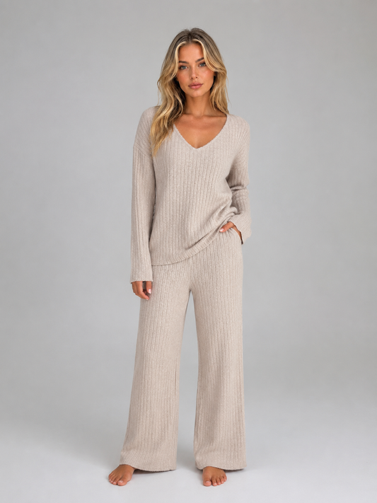 Women's Ribbed Knit Lounge Co-Ord Set – V-Neck Jumper and Trousers