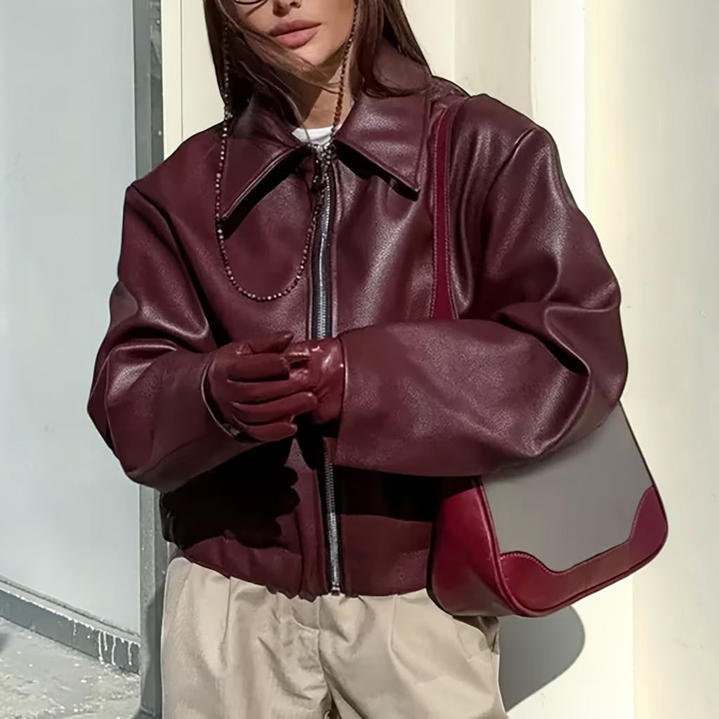 Ellmont London | Leather Jacket Women's Casual Moto Jacket with Lapel Collar