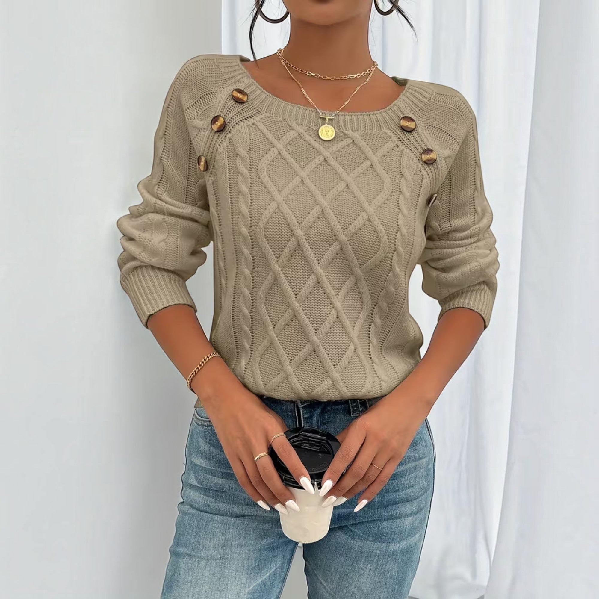 Ellmont London | Women's Soft Knit Sweater Pullover with Button Detail