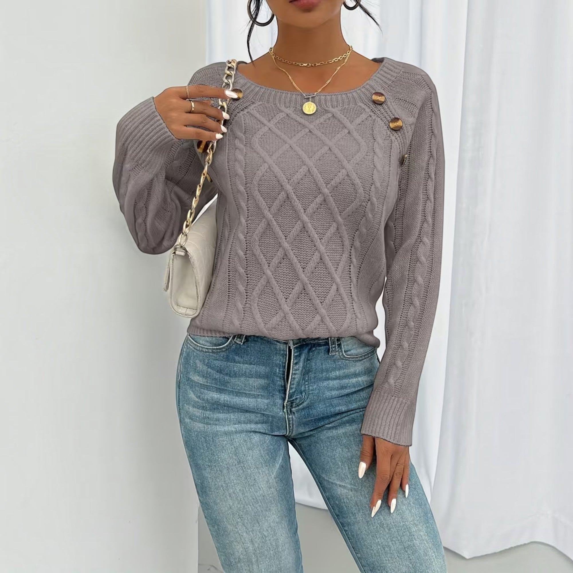 Ellmont London | Women's Soft Knit Sweater Pullover with Button Detail