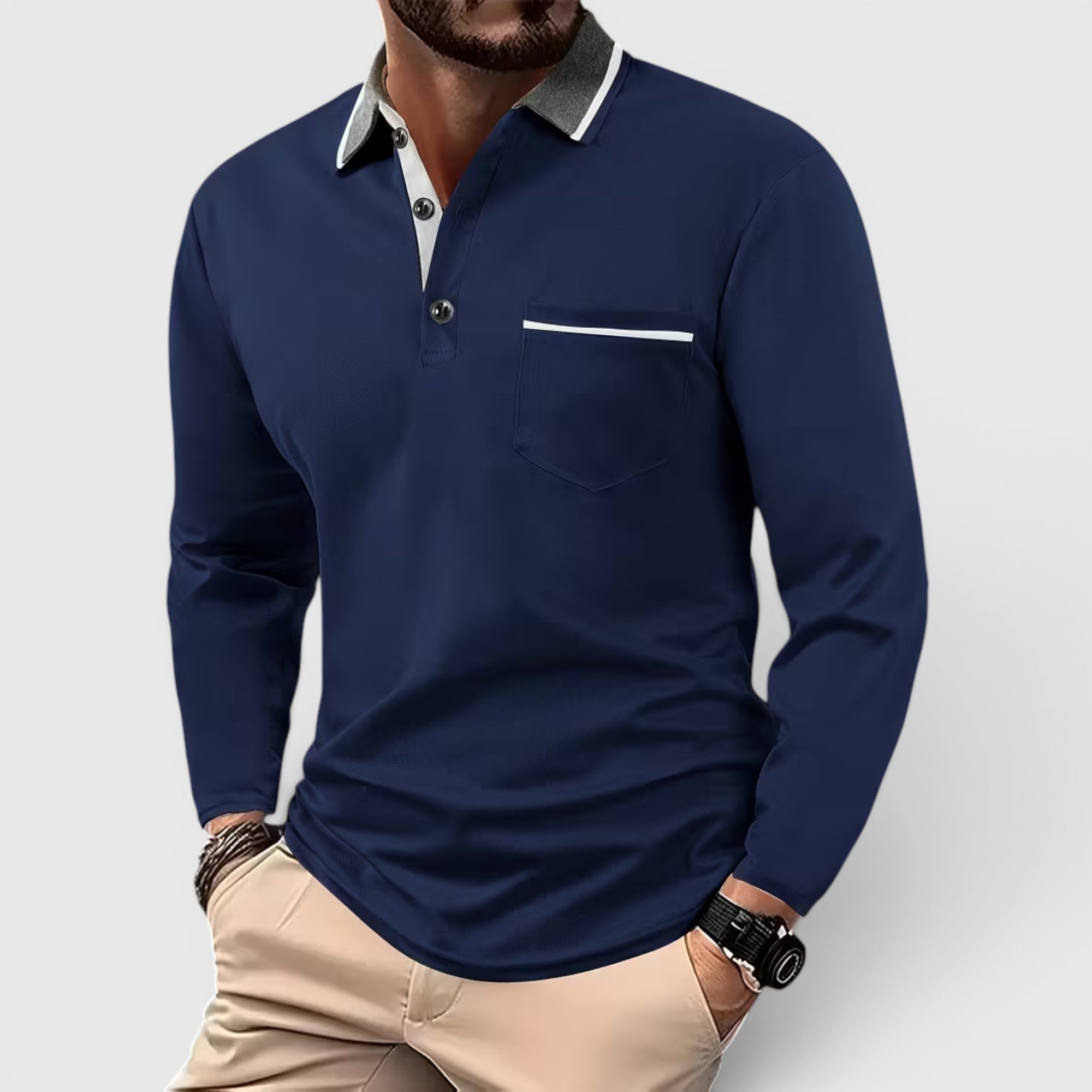 Edmund | Men's Long Sleeve Polo Shirt Contrast Collar Regular Fit Button Up