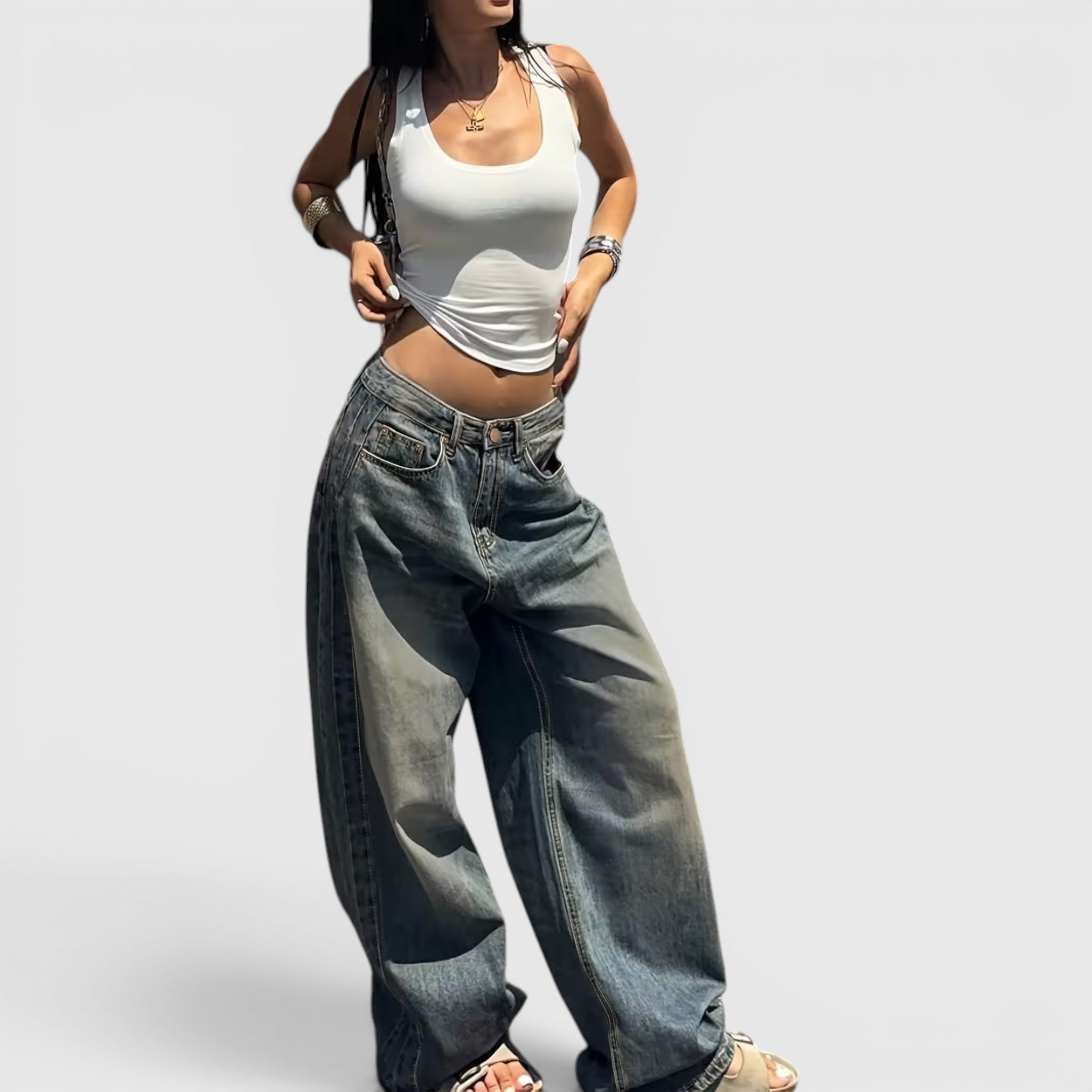 Ellmont London | Women's Oversized Baggy Jeans Straight Leg Casual Floor Length Pants