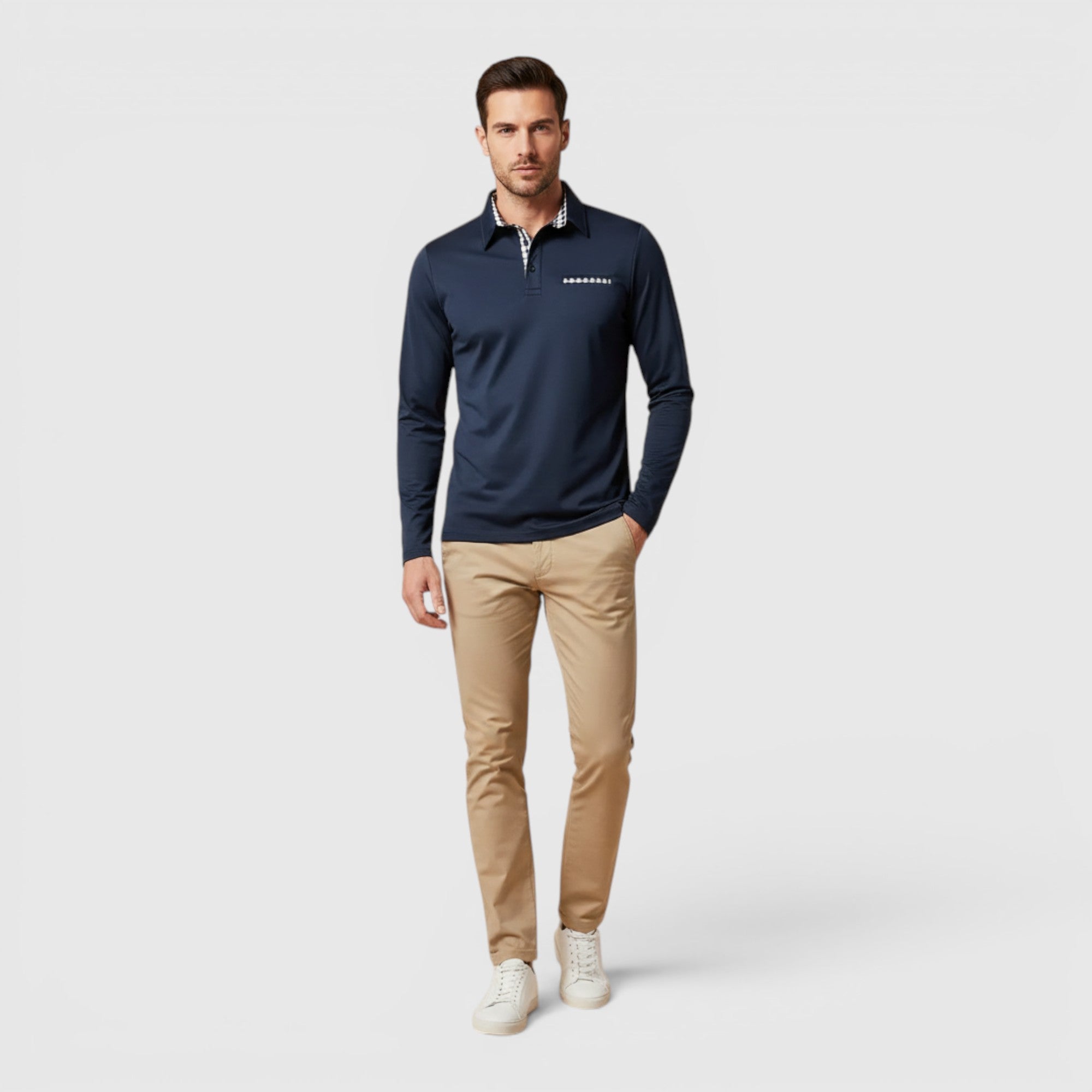 Ellmont London | Men's Polo Longsleeve V-Neck Sweater Quick-Dry Plaid Shirt