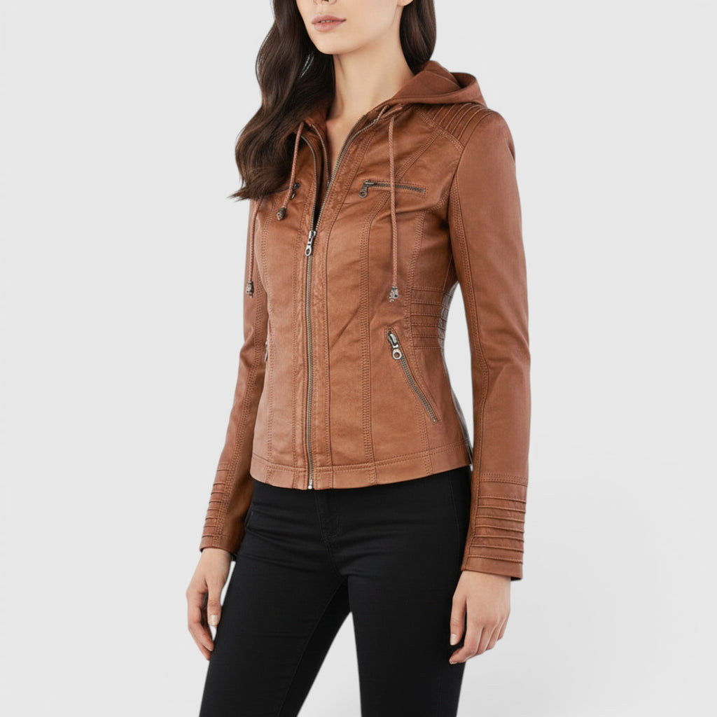Ellmont London | Women's Warm Leather Jacket Tailored Zip Front Casual Coat