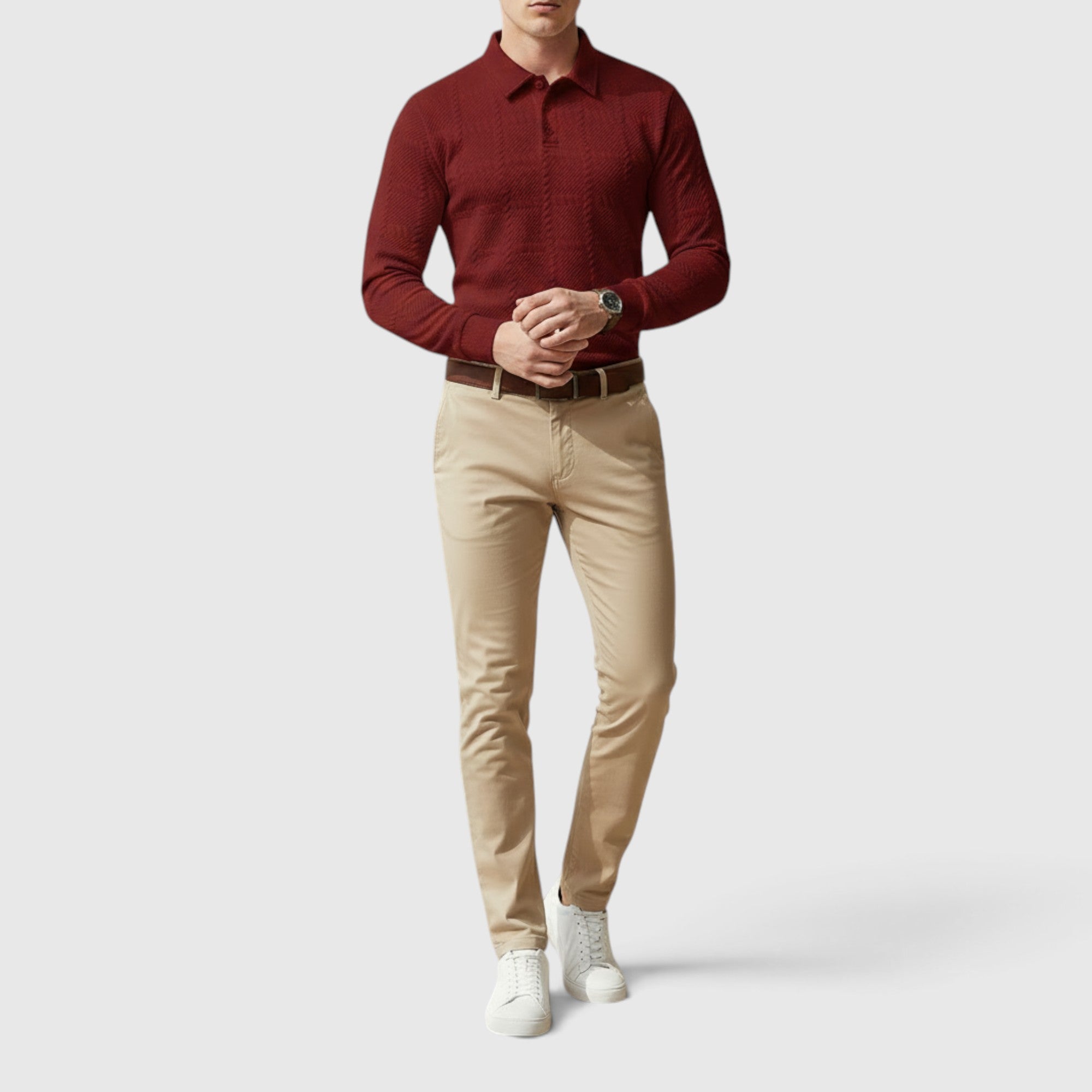 Lewis | Men's Textured Polo Shirt Casual Knit Long Sleeve for Daily Wear
