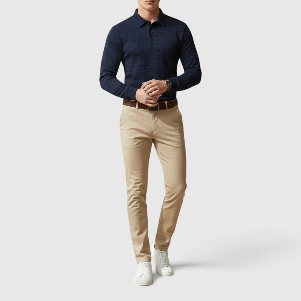 Lewis | Men's Textured Polo Shirt Casual Knit Long Sleeve for Daily Wear
