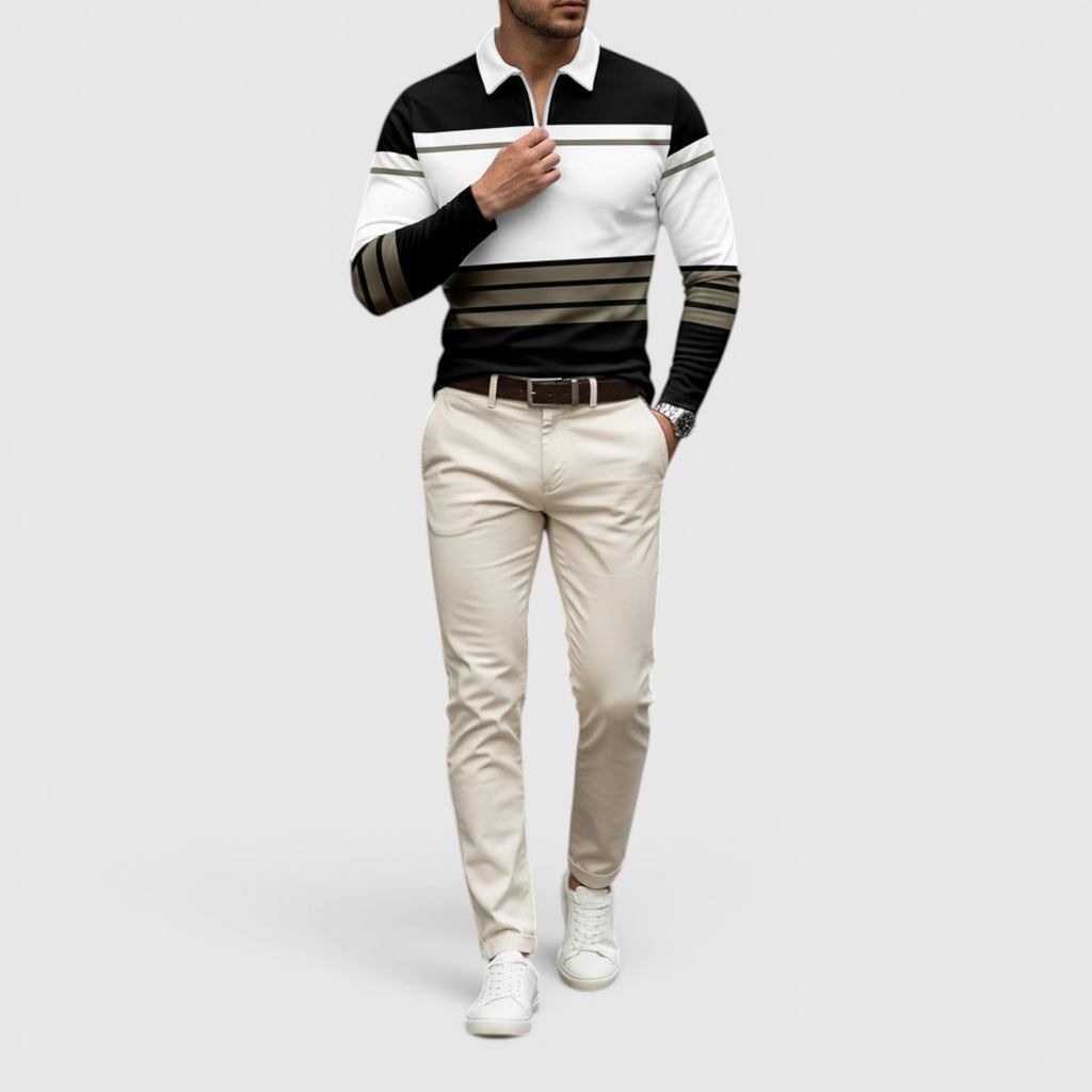 Harvey | Men's Polo Shirt Long Sleeve Stripe Print Quarter Zip Casual Wear