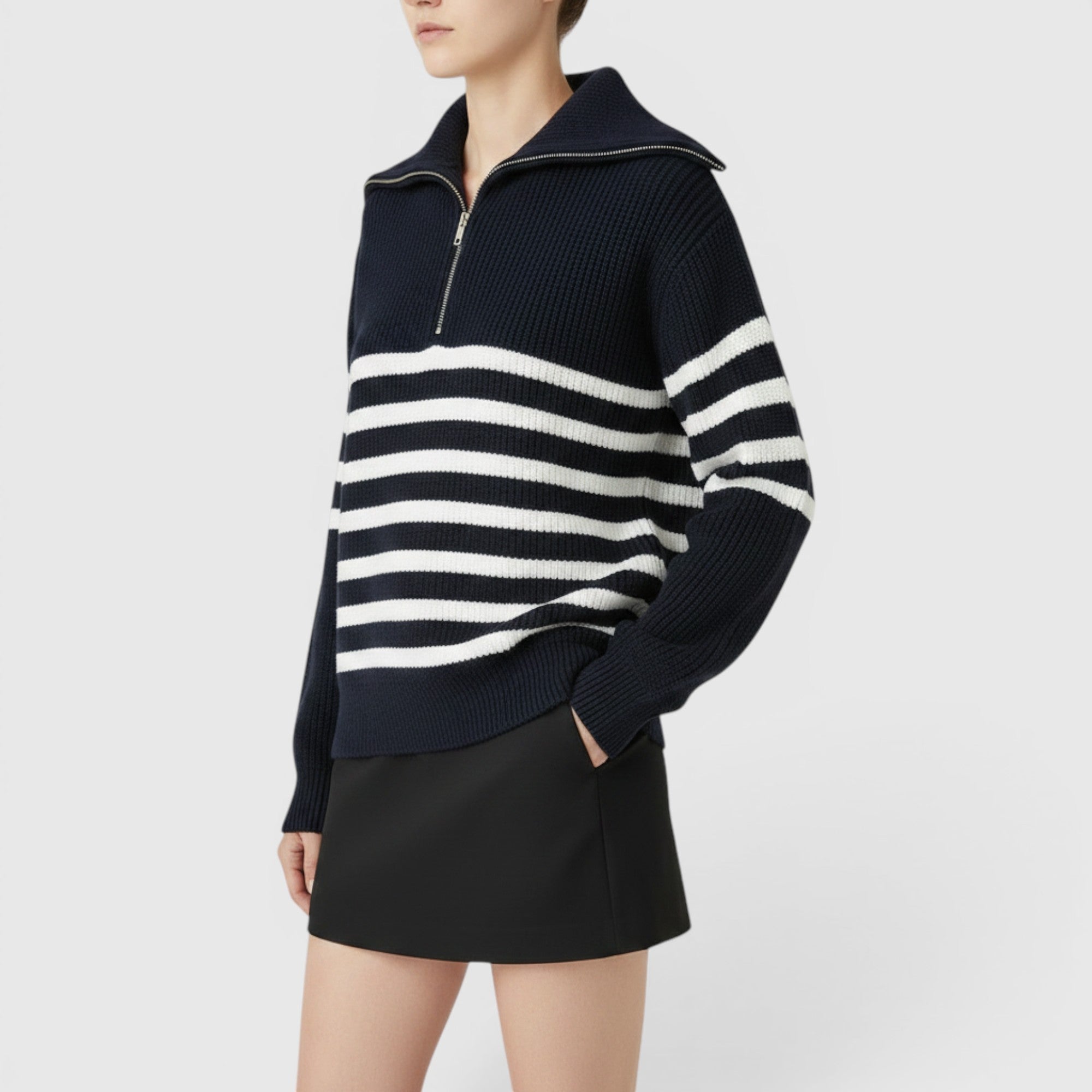Ellmont London | Men's Warm Cotton Zip Up Sweater Classic Striped Knit