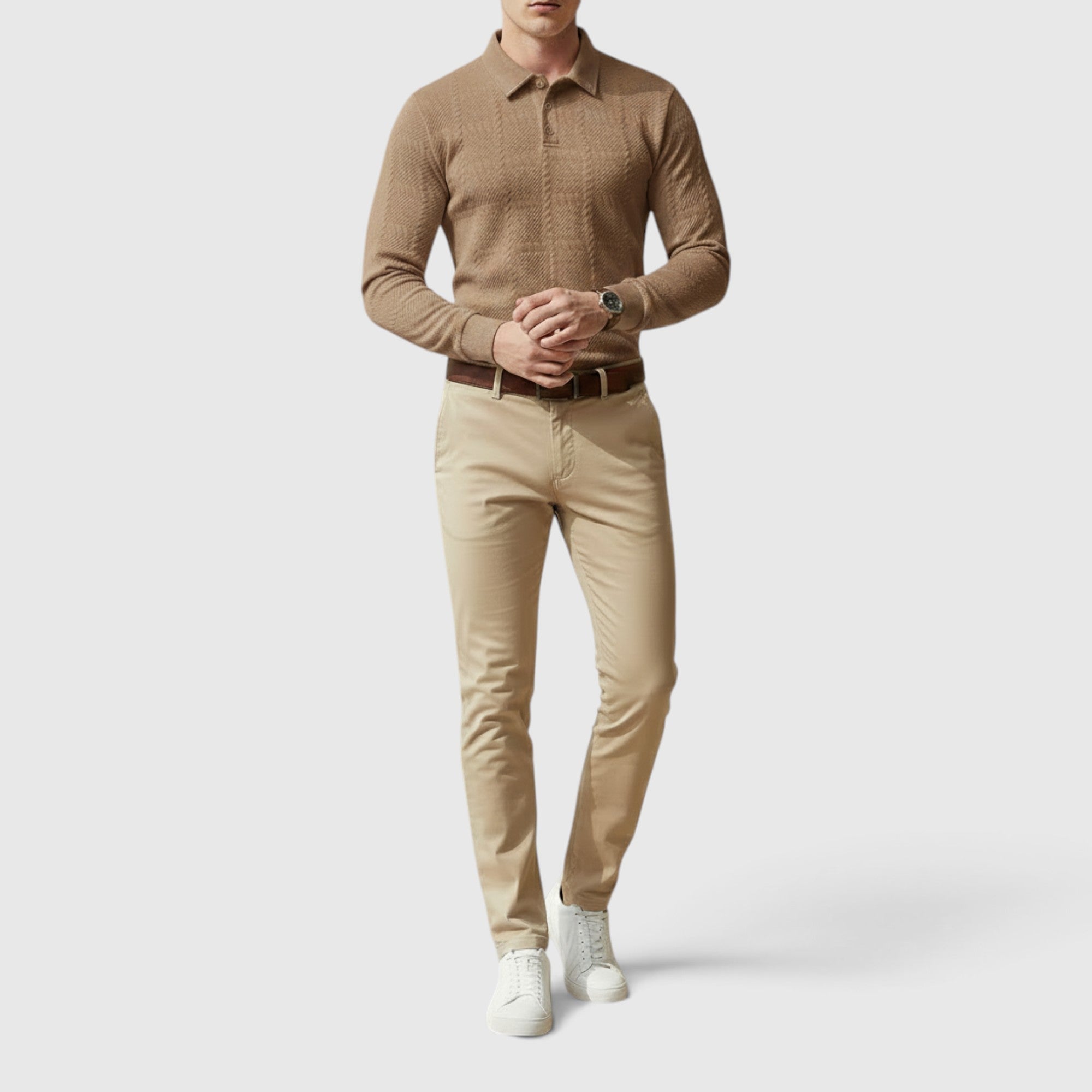 Lewis | Men's Textured Polo Shirt Casual Knit Long Sleeve for Daily Wear