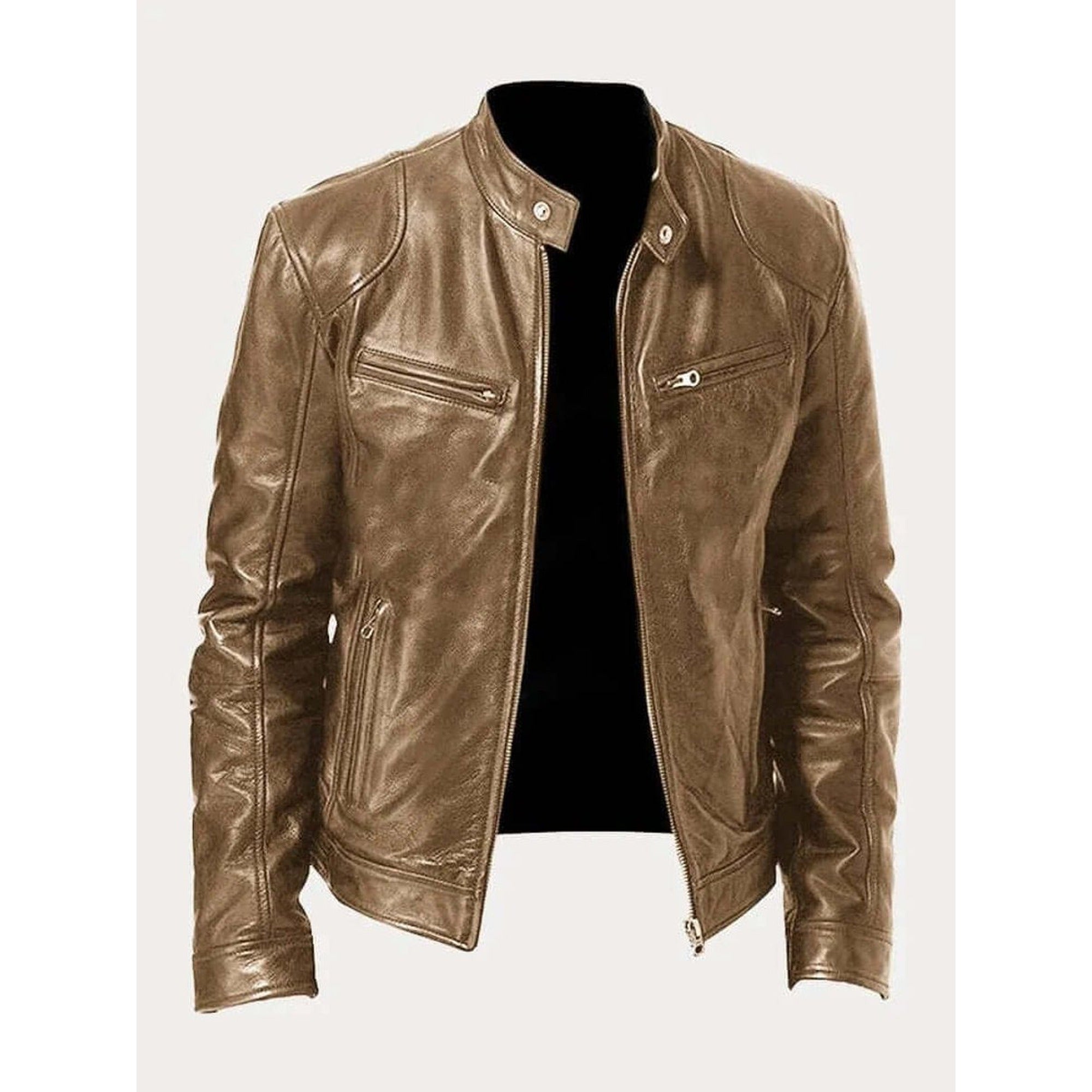 Rory | Men's Classic Biker-Style Zip-Up Leather Jacket - Khaki