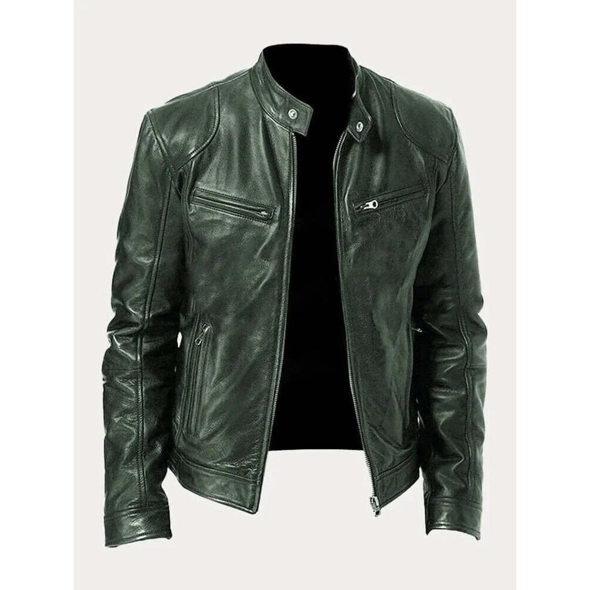 Rory | Men's Classic Biker-Style Zip-Up Leather Jacket - Military Green