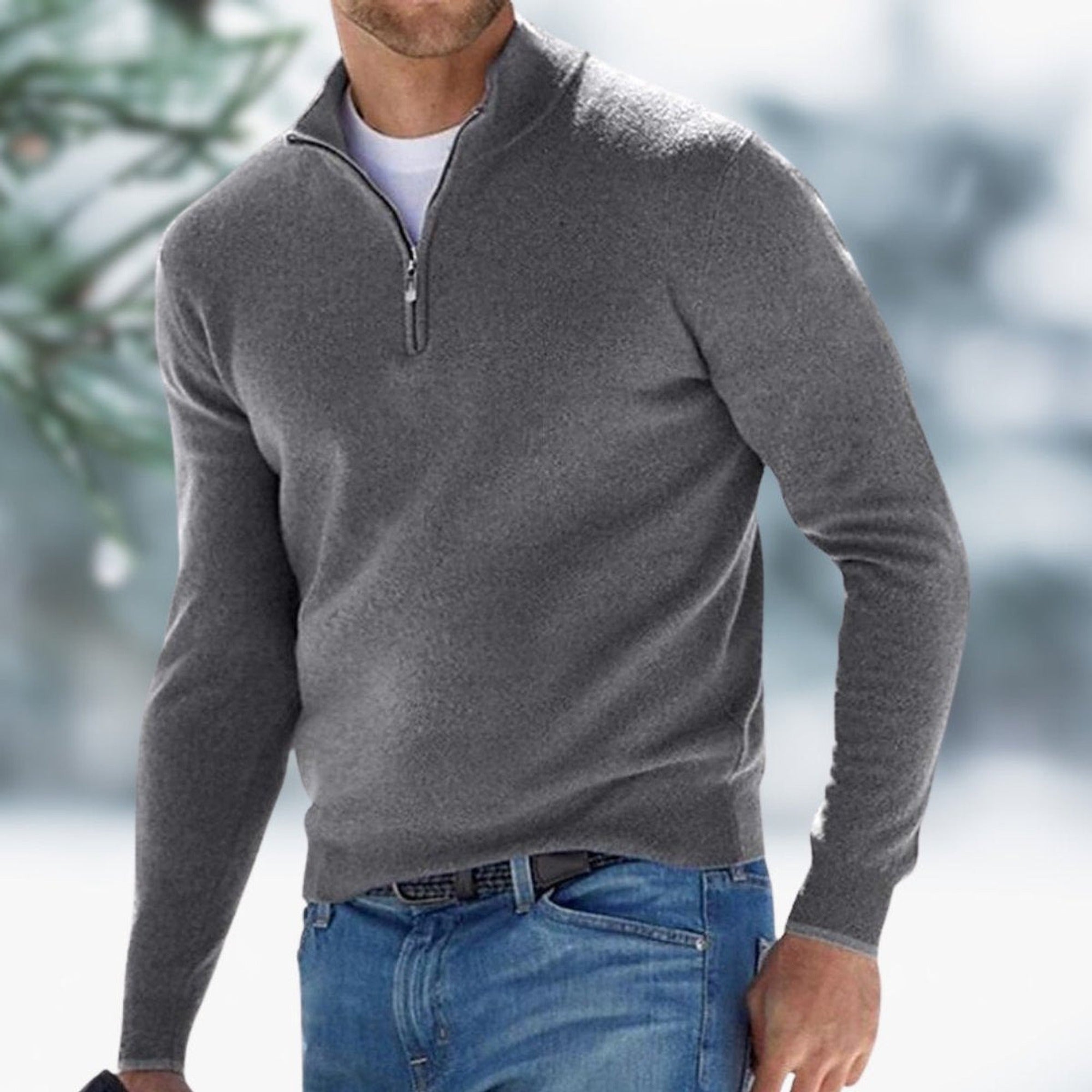 Karl | Men's Quarter-Zip Soft Knit Sweater Pullover - Gray
