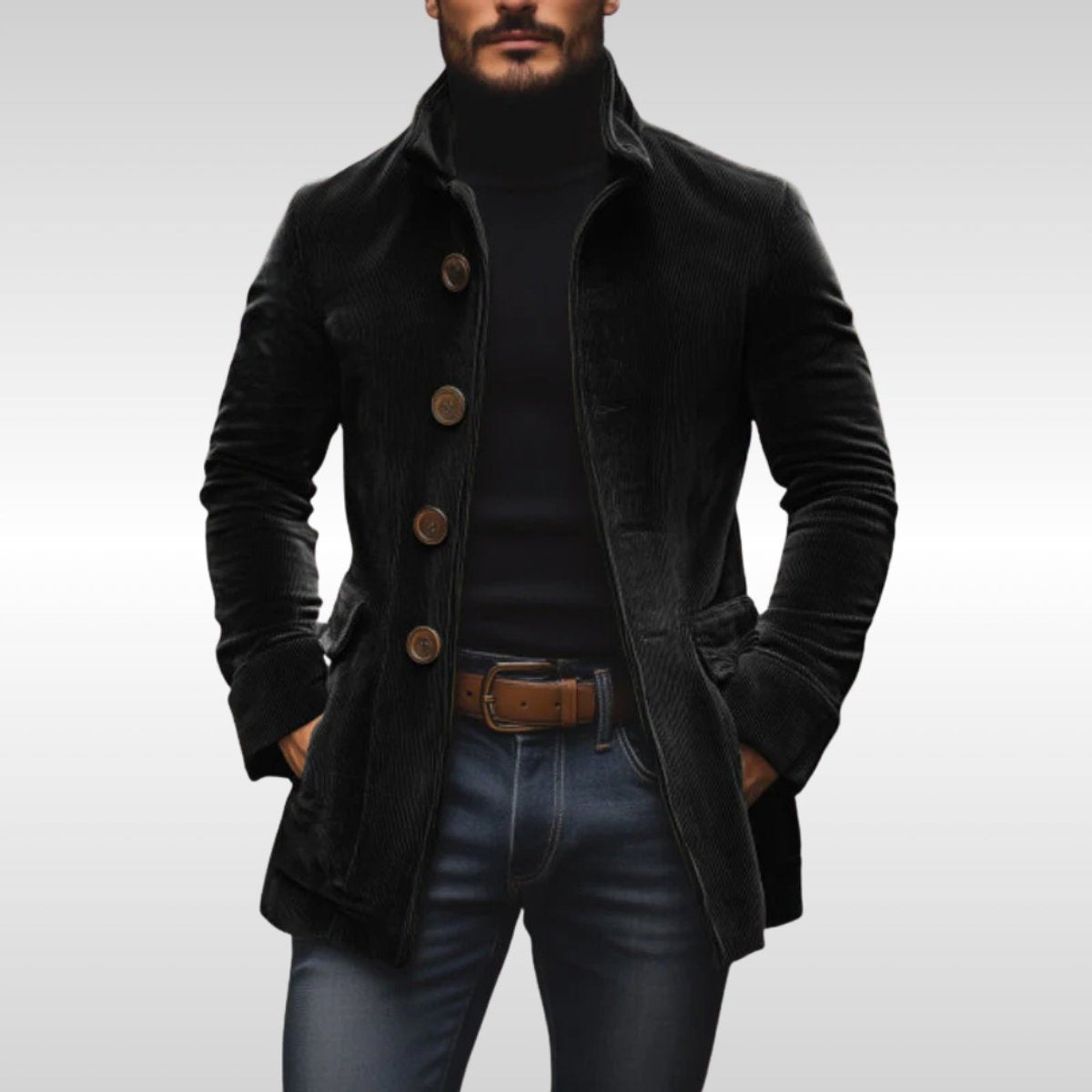 Nathan | Men's Slim-Fit Corduroy Stand-Collar Wool Coat Button-Up - Black