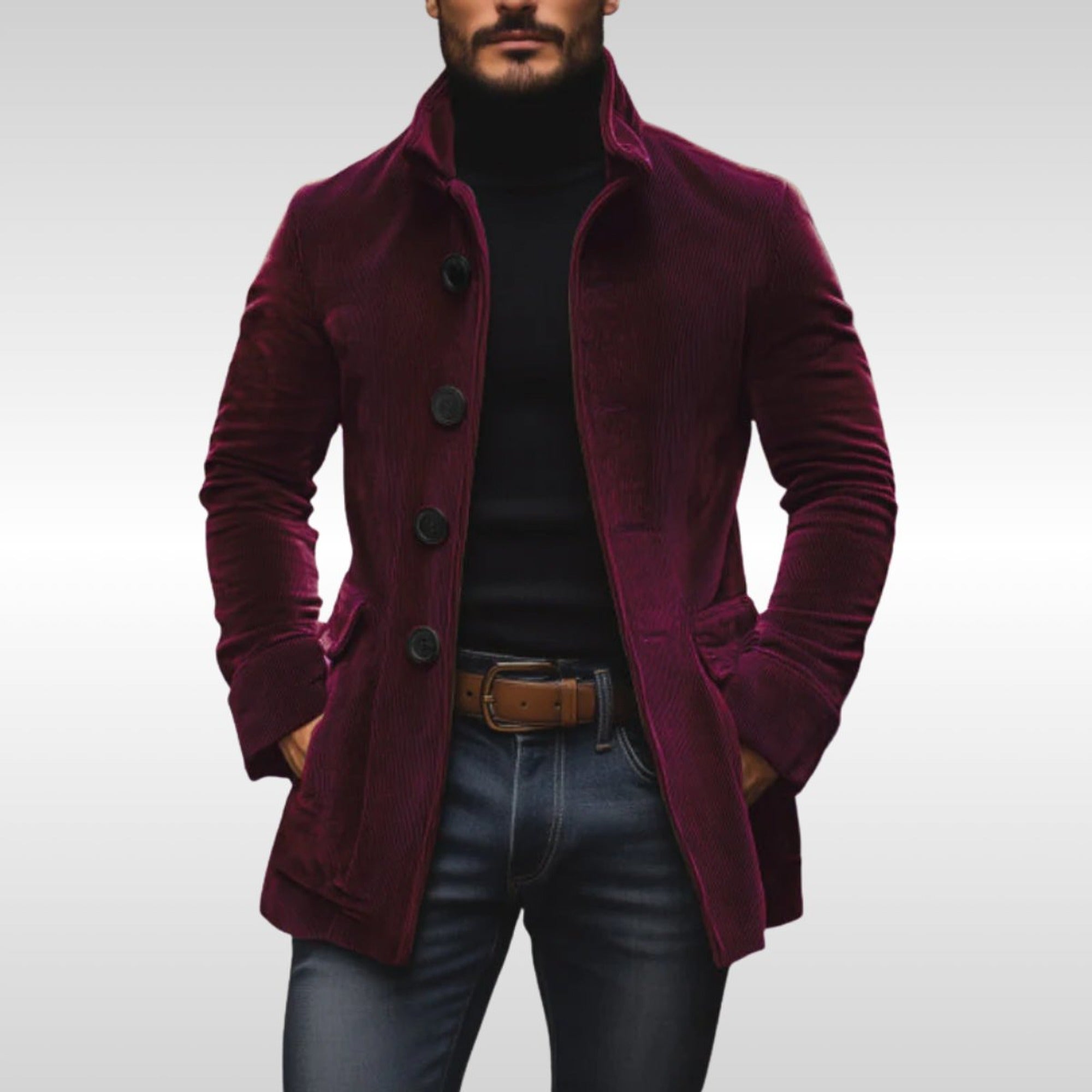 Nathan | Men's Slim-Fit Corduroy Stand-Collar Wool Coat Button-Up - Burgundy
