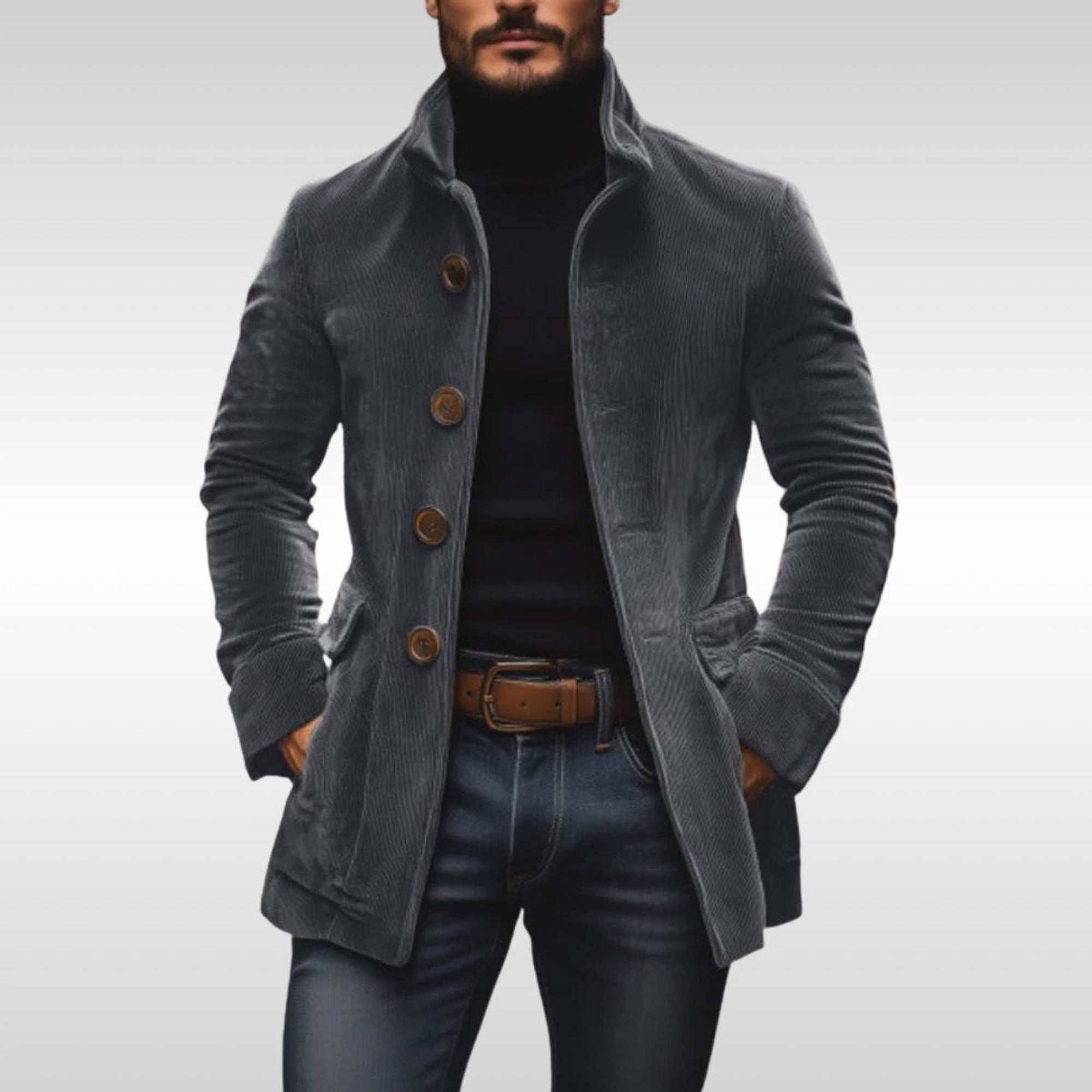 Nathan | Men's Slim-Fit Corduroy Stand-Collar Wool Coat Button-Up - Gray