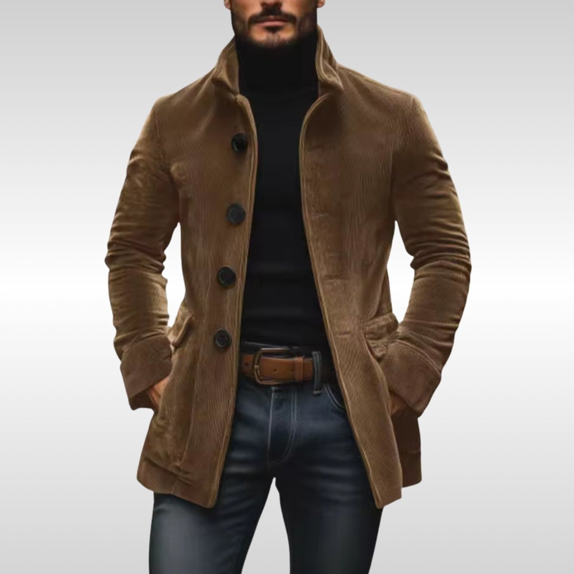 Nathan | Men's Slim-Fit Corduroy Stand-Collar Wool Coat Button-Up - Light Brown