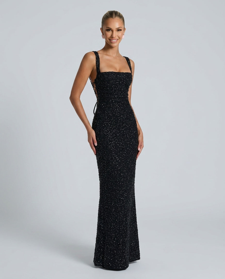 Women's Sequin Tie-Up Maxi Dress with Square Neck