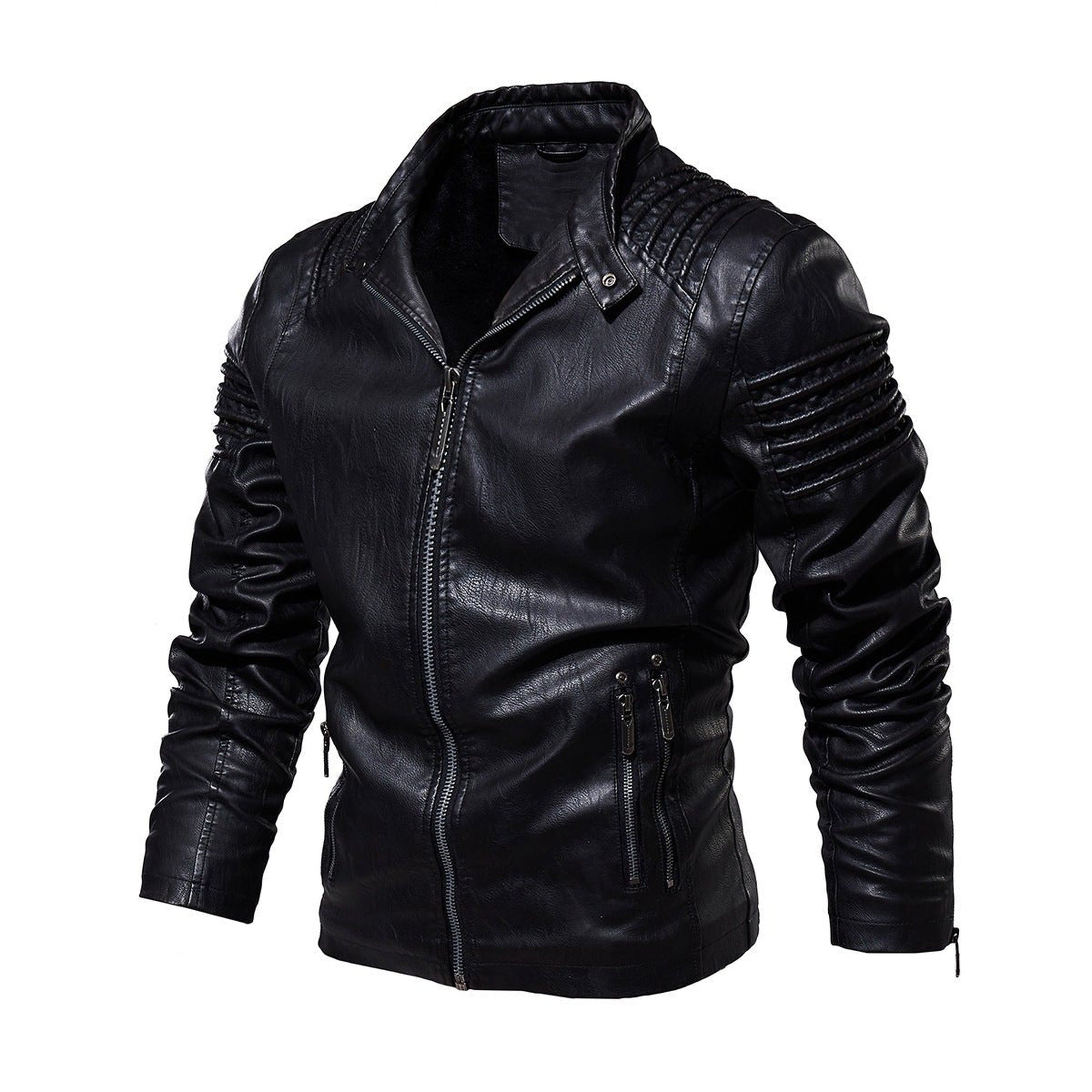 Tristan | Men's Moto-Style Faux Leather Jacket Ribbed Shoulder - Black