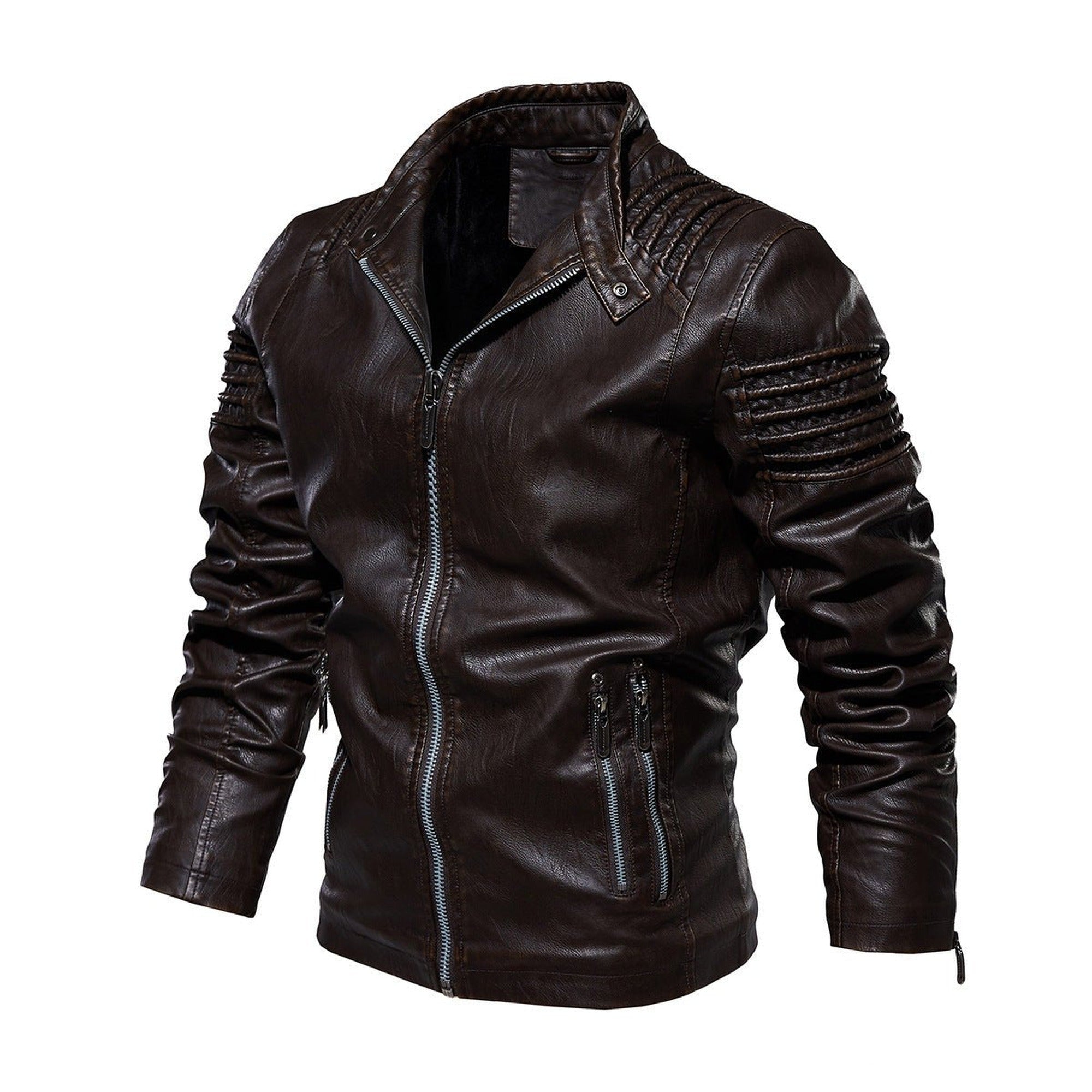 Tristan | Men's Moto-Style Faux Leather Jacket Ribbed Shoulder - Brown