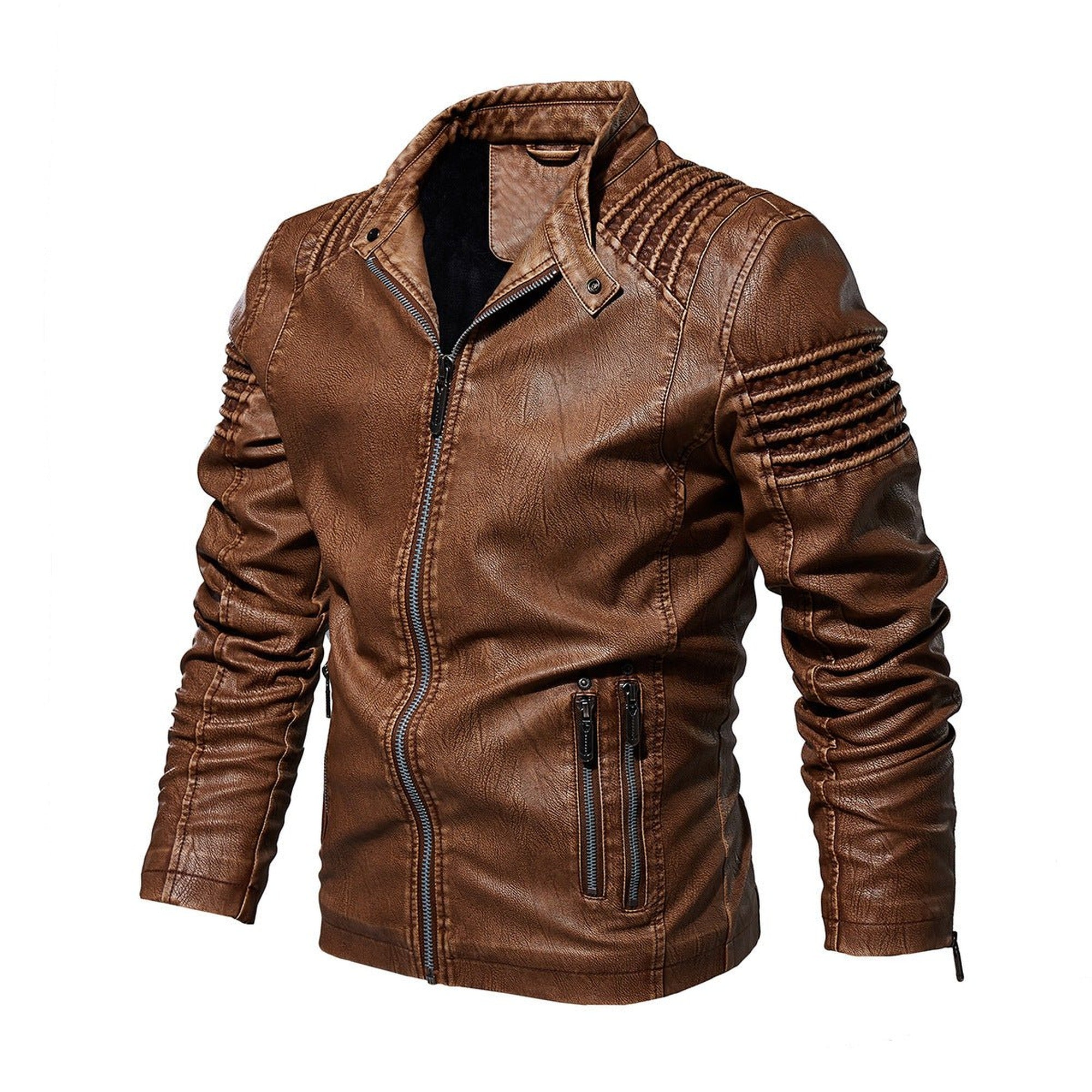 Tristan | Men's Moto-Style Faux Leather Jacket Ribbed Shoulder - Khaki