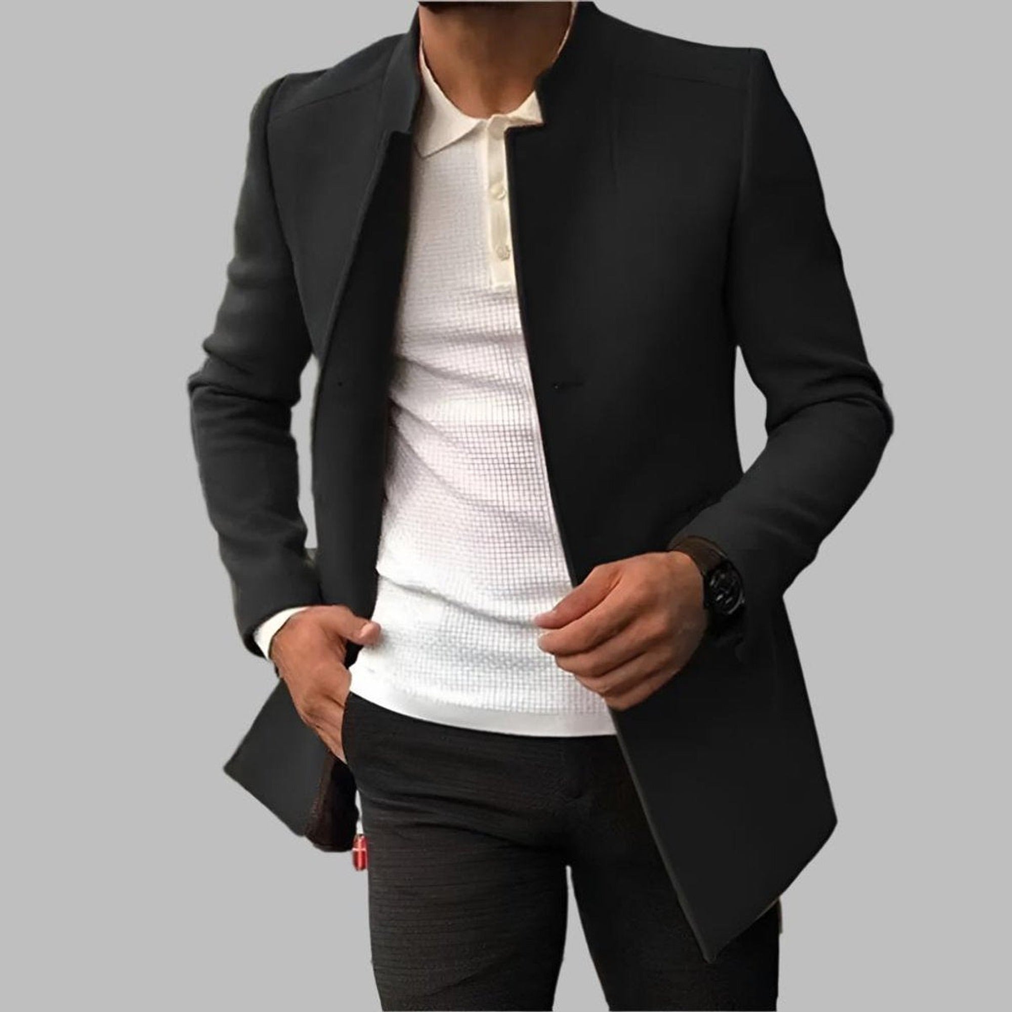 Jack | Men's Slim-Fit Collarless Wool Coat Open-Front - Black