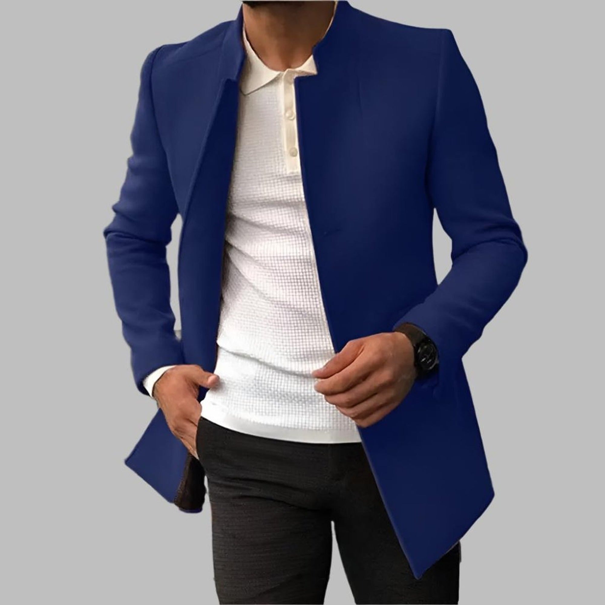 Jack | Men's Slim-Fit Collarless Wool Coat Open-Front - Blue