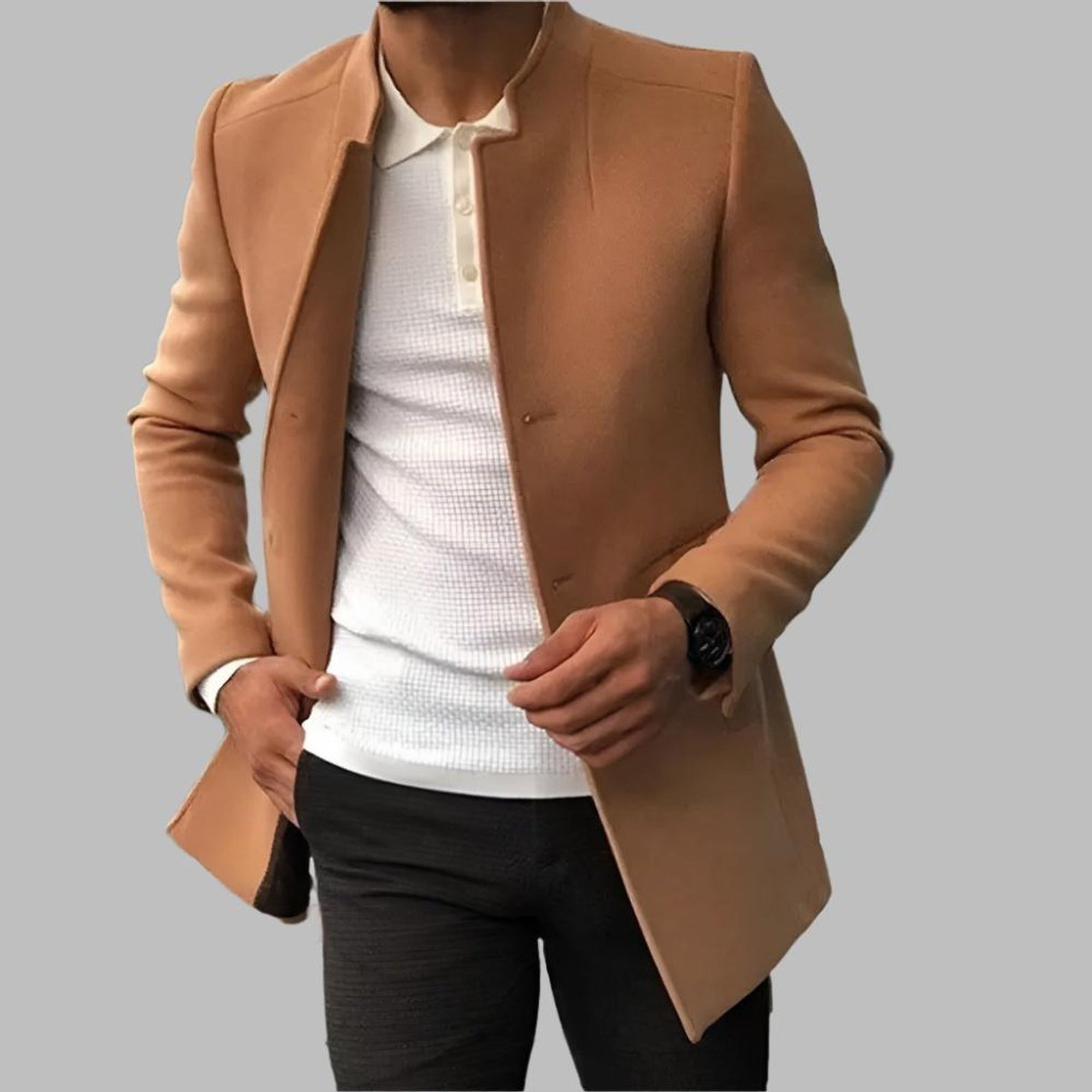 Jack | Men's Slim-Fit Collarless Wool Coat Open-Front - Camel