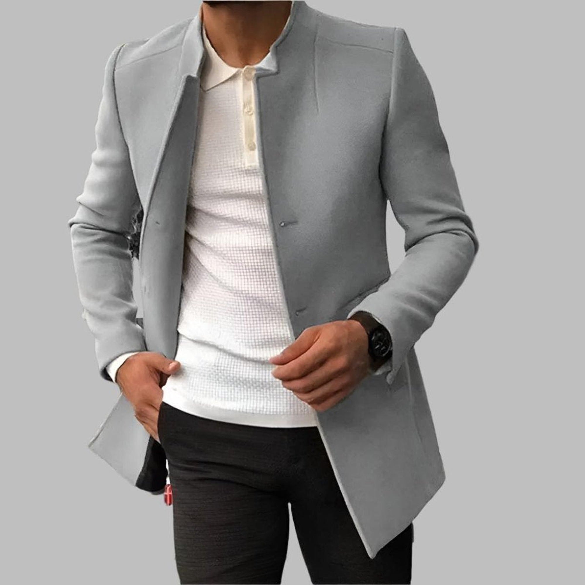 Jack | Men's Slim-Fit Collarless Wool Coat Open-Front - Gray