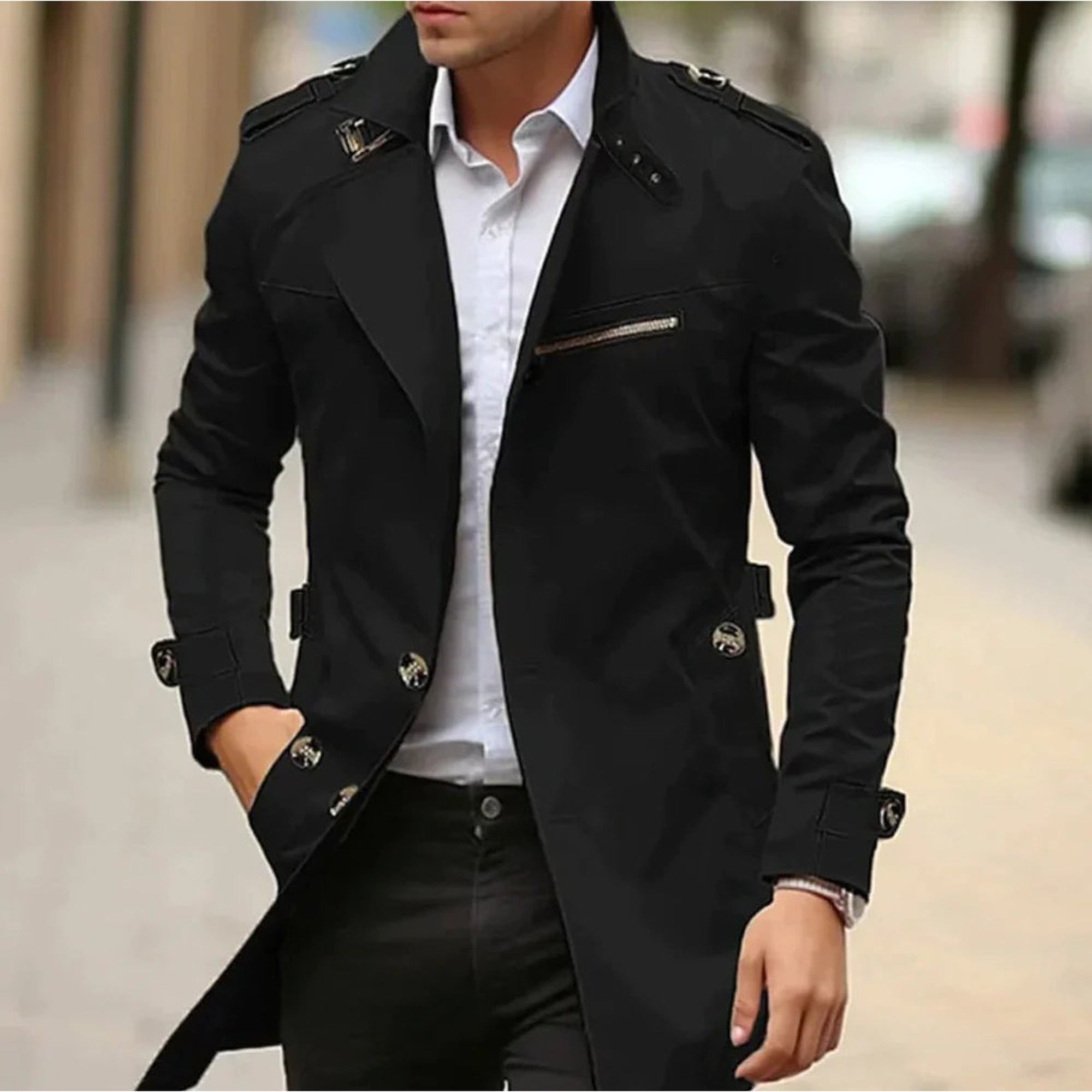 Kian | Men's Slim-Fit Double-Breasted Wool Coat Trench Jacket - Black