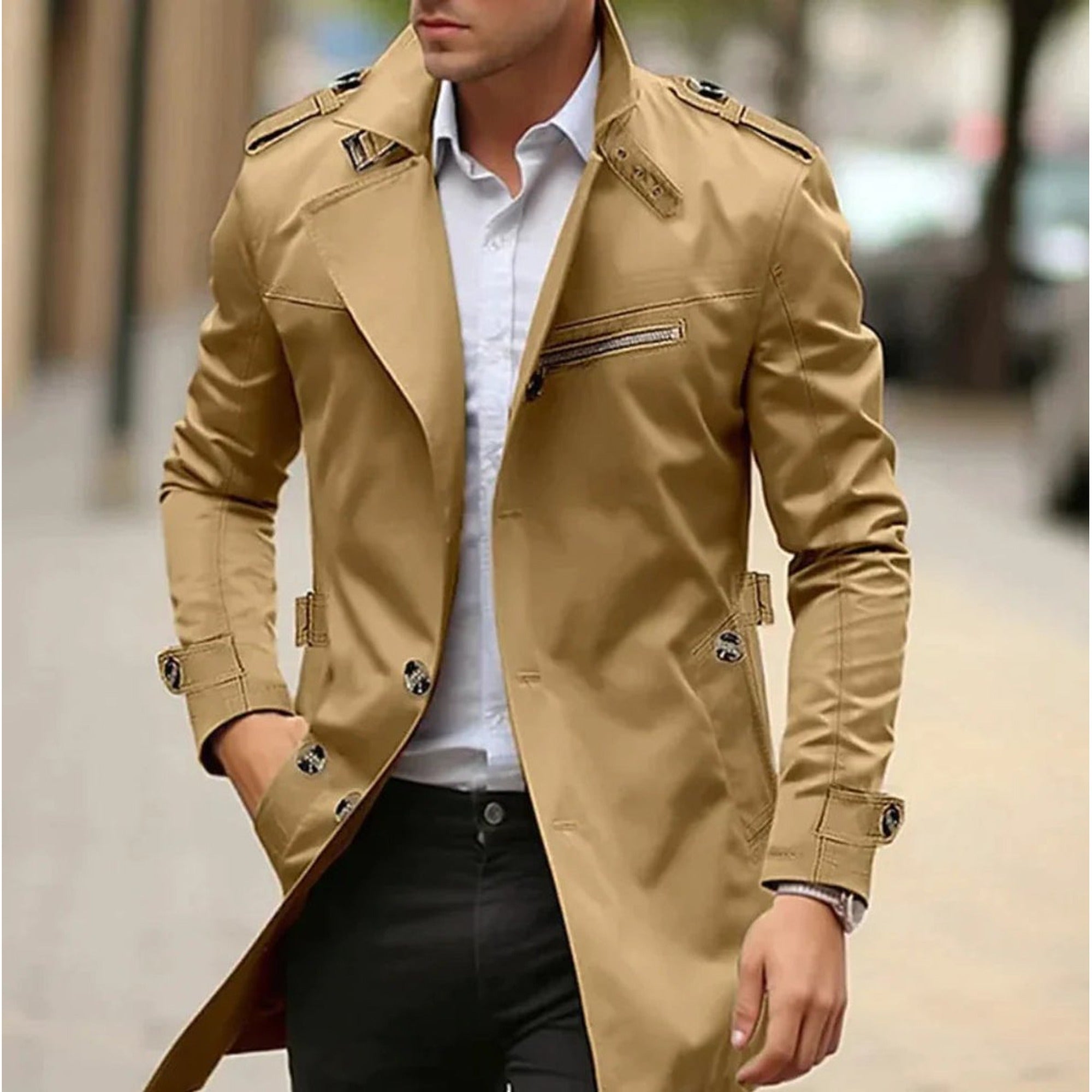 Kian | Men's Slim-Fit Double-Breasted Wool Coat Trench Jacket - Dark Beige