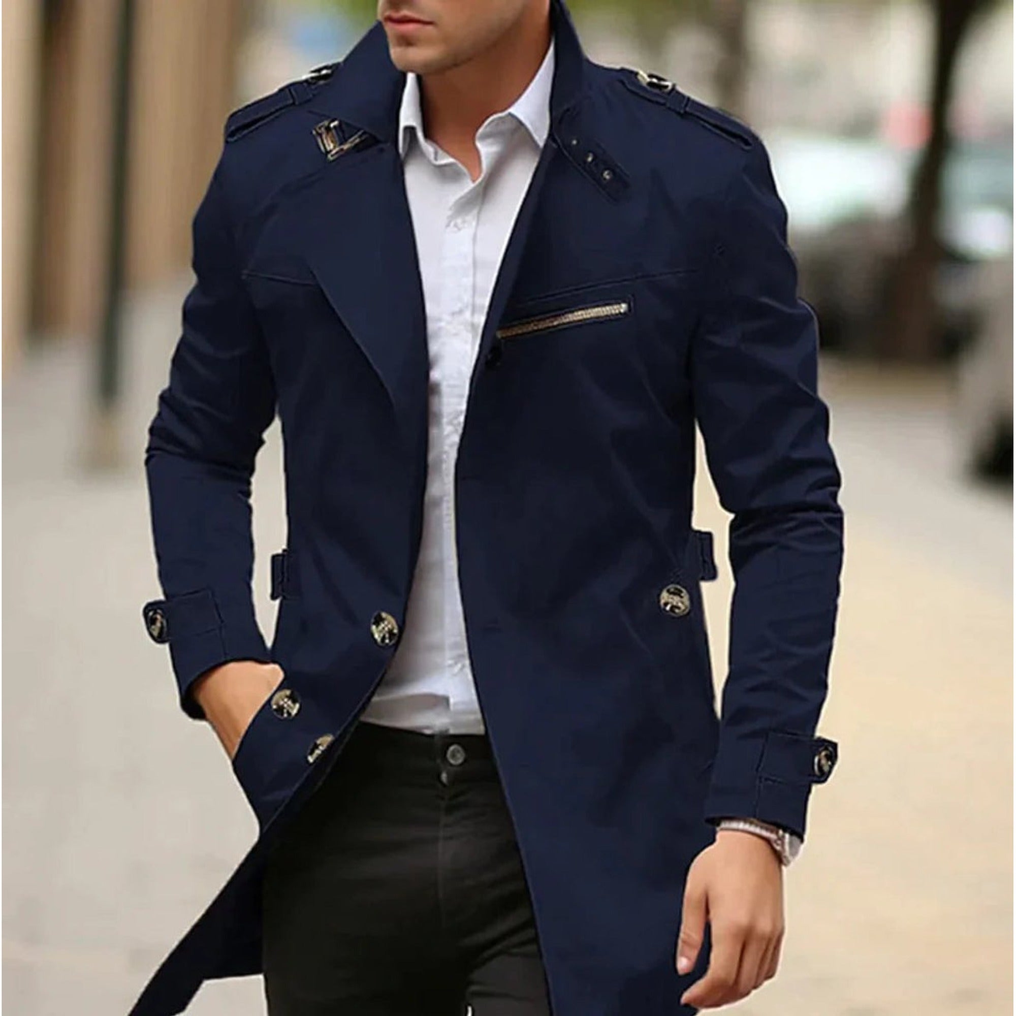 Kian | Men's Slim-Fit Double-Breasted Wool Coat Trench Jacket - Dark Navy
