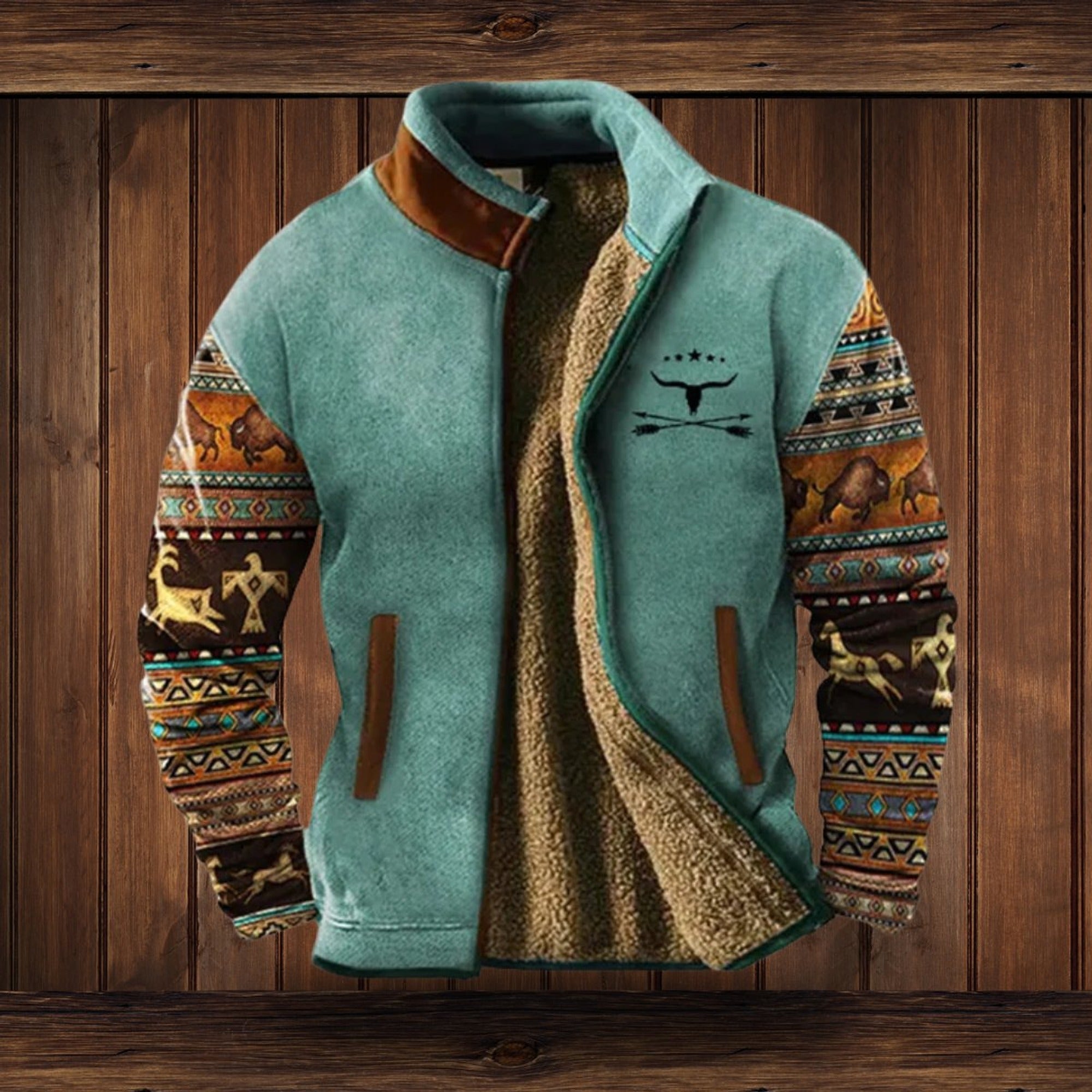 Wesley | Men's Western Sherpa-Lined Full-Zip Fleece Bomber Jacket - Dark Blue