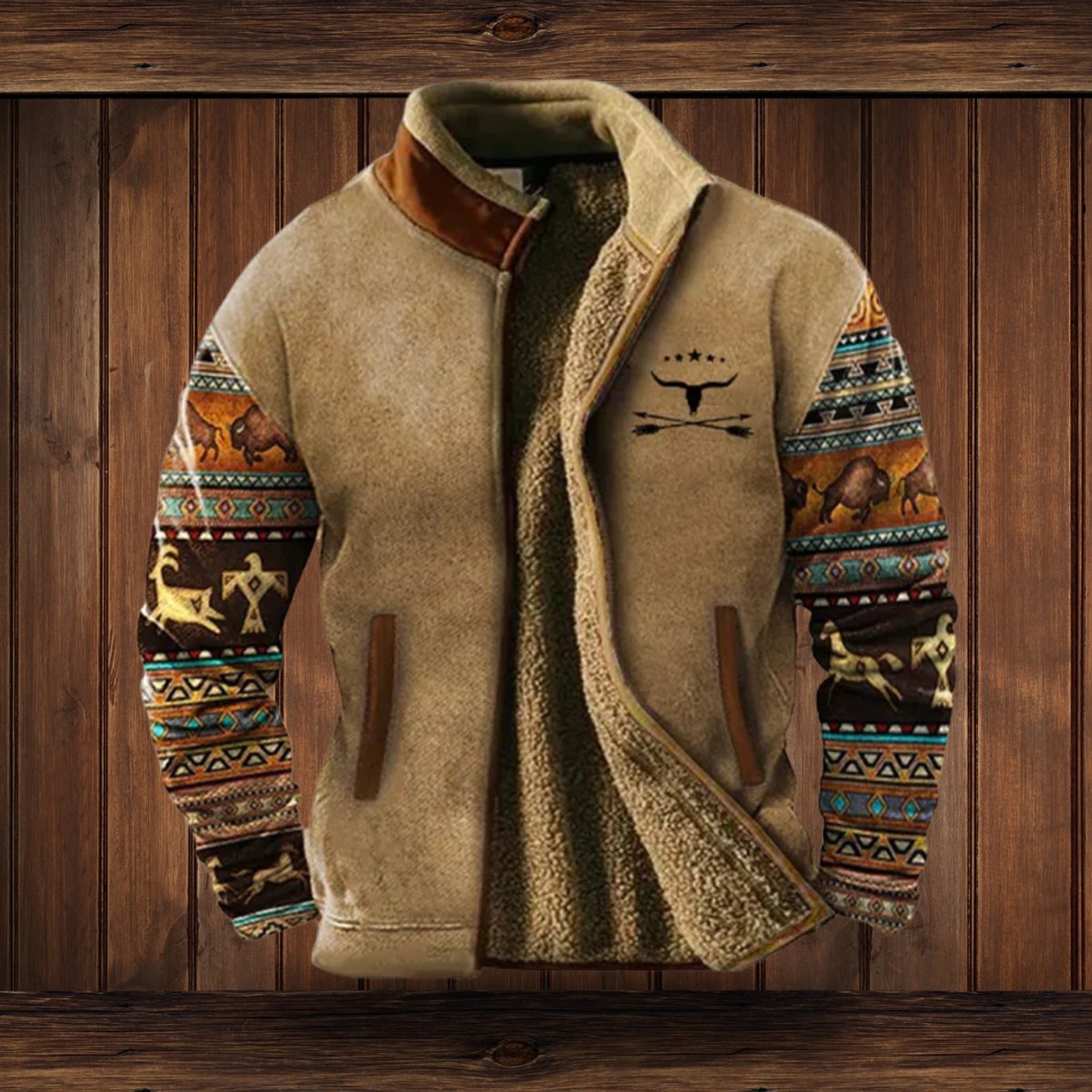 Wesley | Men's Western Sherpa-Lined Full-Zip Fleece Bomber Jacket - Dark Brown