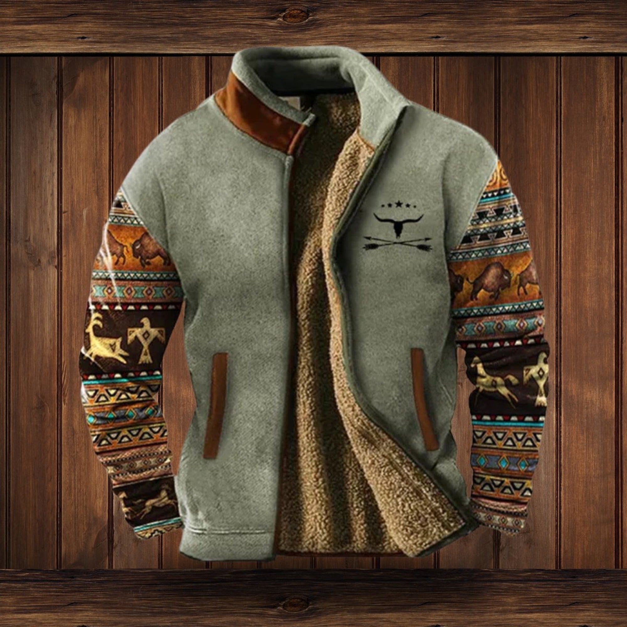 Wesley | Men's Western Sherpa-Lined Full-Zip Fleece Bomber Jacket - Gray